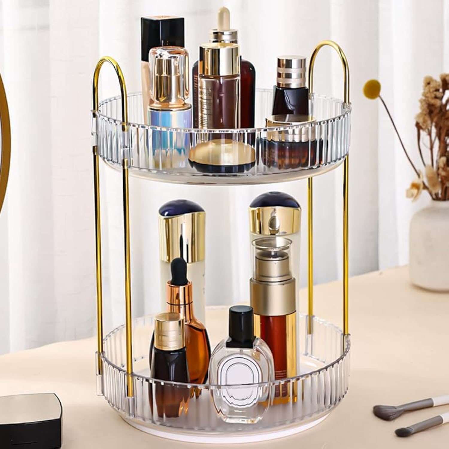 Makeup Organizer Countertop: 2-Tier 360 Rotating Perfume and Skincare Organizer, Spinning Bathroom Storage for Skincare Products, Compact and Versatile Skin Care Organizer