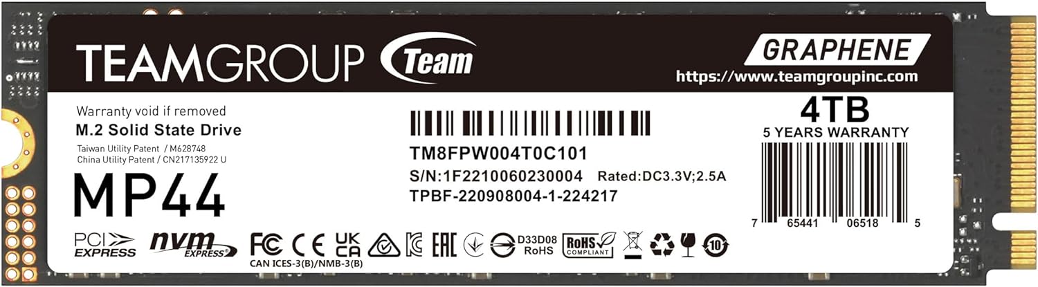 TEAMGROUP MP44 4TB SLC Cache Gen4x4 M.2 2280 PCIe 4.0 with NVMe Laptop & Desktop SSD Solid State Drive R/W Speed up to 7400 / 6900MB/s TM8FPW004T0C101