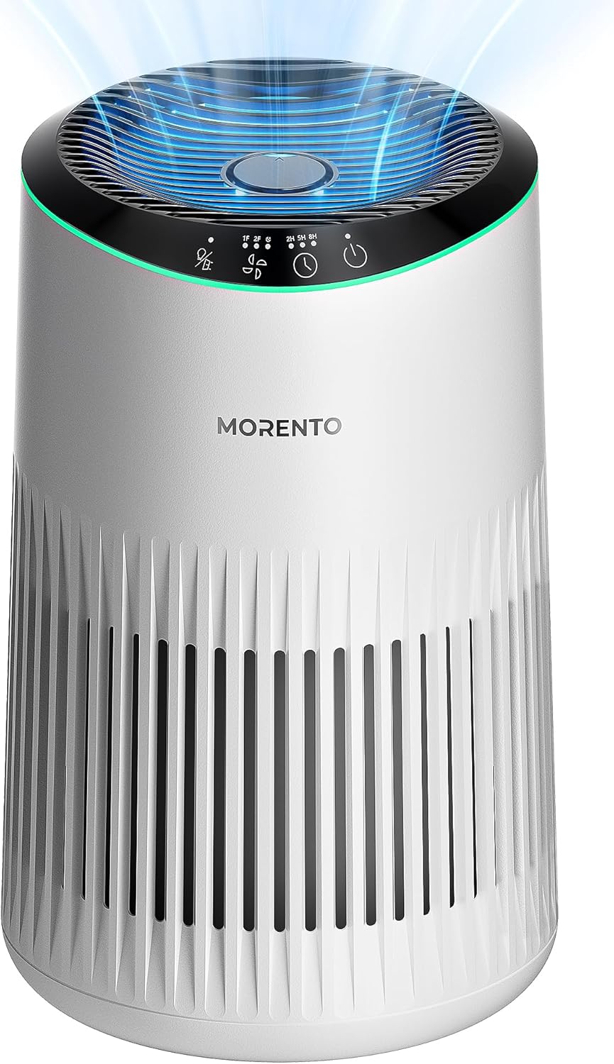 MORENTO Air Purifiers for Home, Air Purifier for Smoke Pet Dander Odors with Fragrance Sponge, Small Air Purifier with Sleep Mode for Bedroom Office, Blue Ambient Light, MR2566, White, 1 Pack