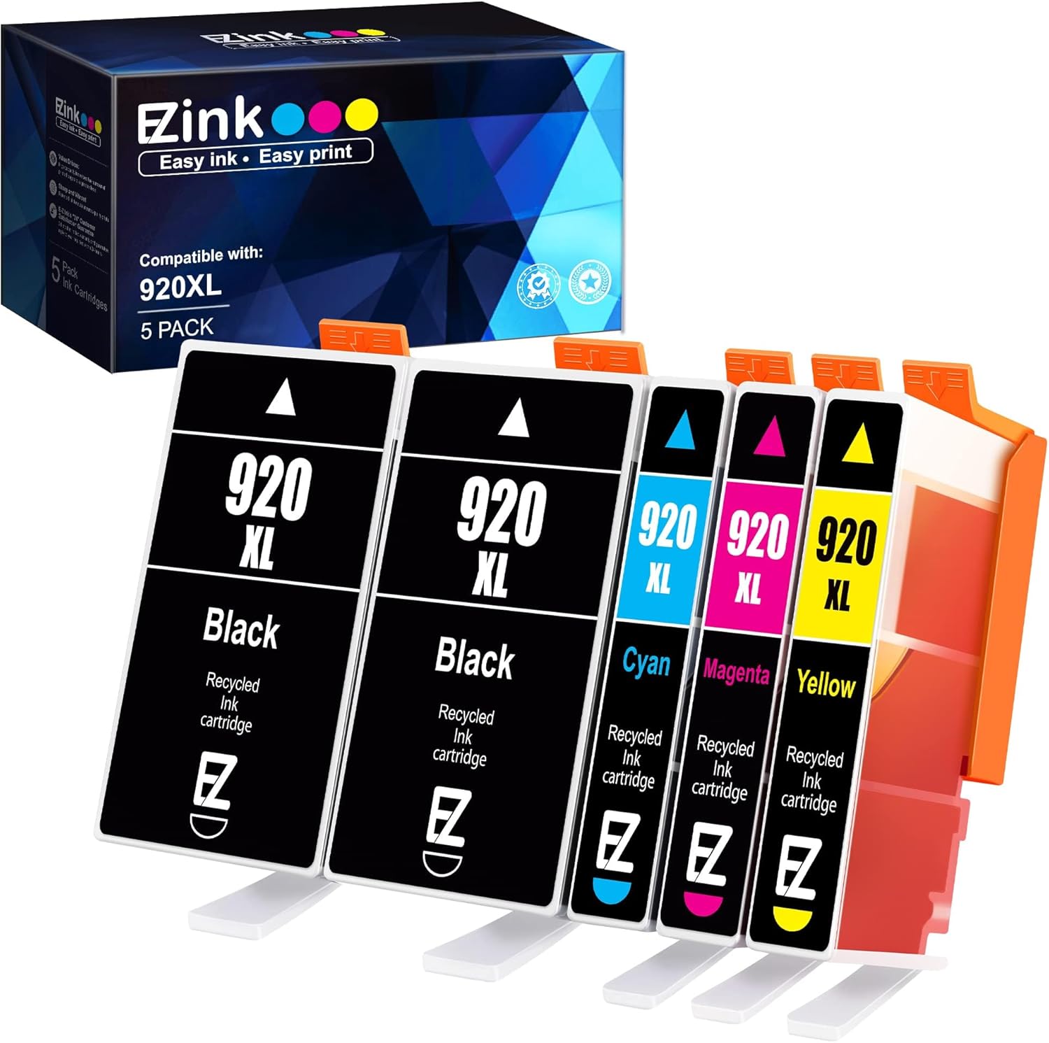 E-Z Ink Compatible Ink Cartridge Replacement for HP 920XL 920 for use with Officejet 6500 6500A 6000 7000 7500 7500A E709 Printer Tray (2 Black, 1 Cyan, 1 Magenta, 1 Yellow, 5 Pack)