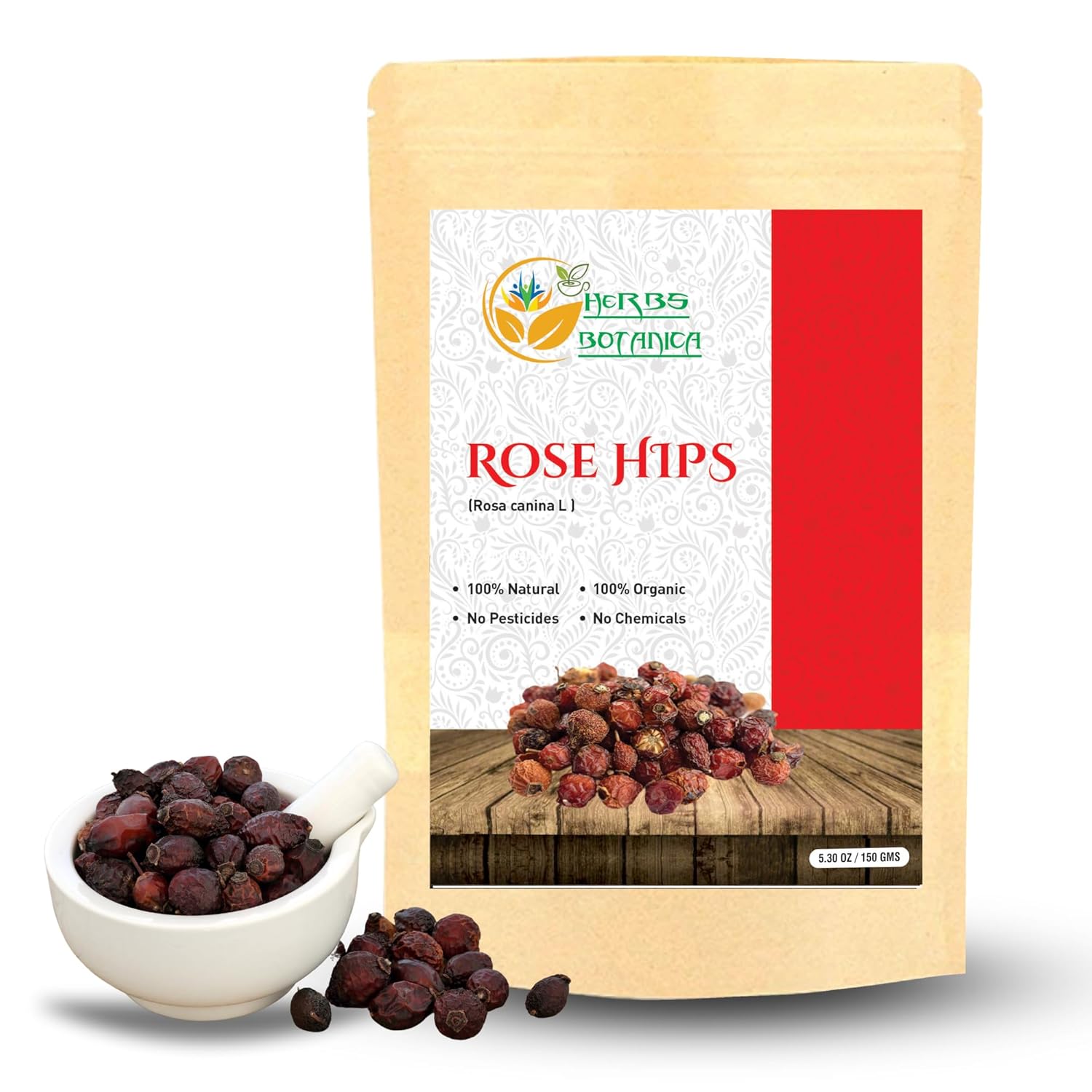 Herbs Botanica Rosehips Dried Organic Rose Hip Herbal Tea, Homemade Sauce, Jellies, Soups, Seasoning, Syrup Vitamin C Rich 100% Naturally Dried Rosa Canina Cynorrhodon 5.30oz | Resealable Kraft Bag