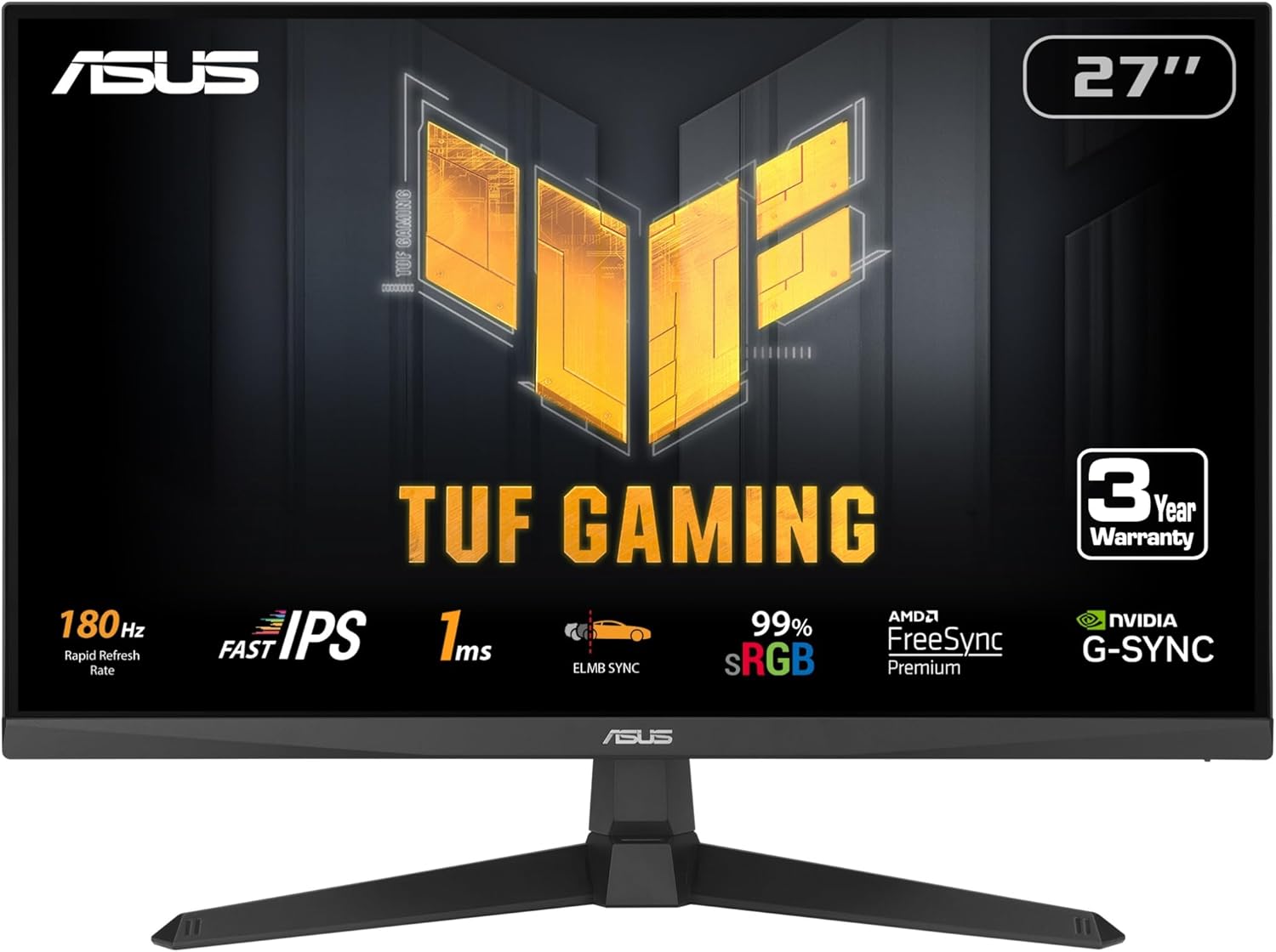 ASUS TUF Gaming 27” 1080P Monitor (VG279Q3A) – Full HD, 180Hz, 1ms, Fast IPS, Extreme Low Motion Blur Sync, FreeSync Premium, G-SYNC Compatible, Variable Overdrive, 99% sRGB, DisplayPort, HDMI