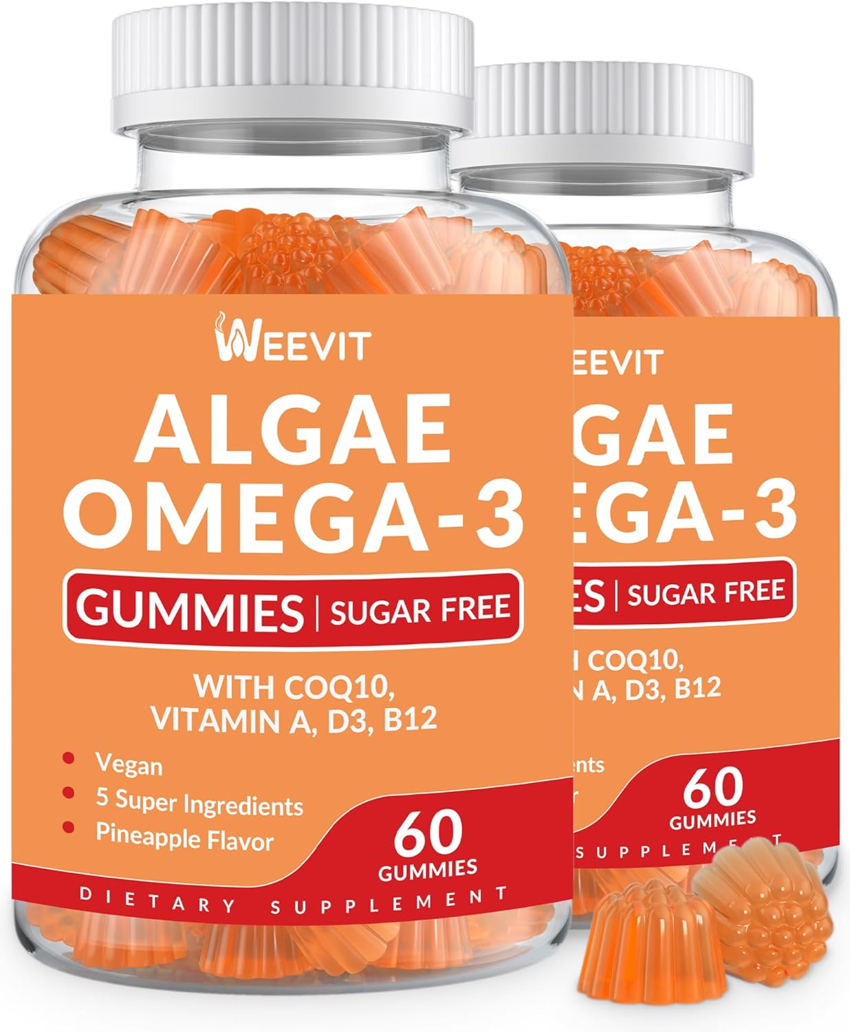 Vegan Omega 3 Gummies, Algae Omega 3 Supplement DHA 240mg, EPA 110mg w/Vitamin B12, CoQ10, Omega 3 Fish Oil Alternative for Adults – Brain, Bone, Joint, Eye & Immunity Support