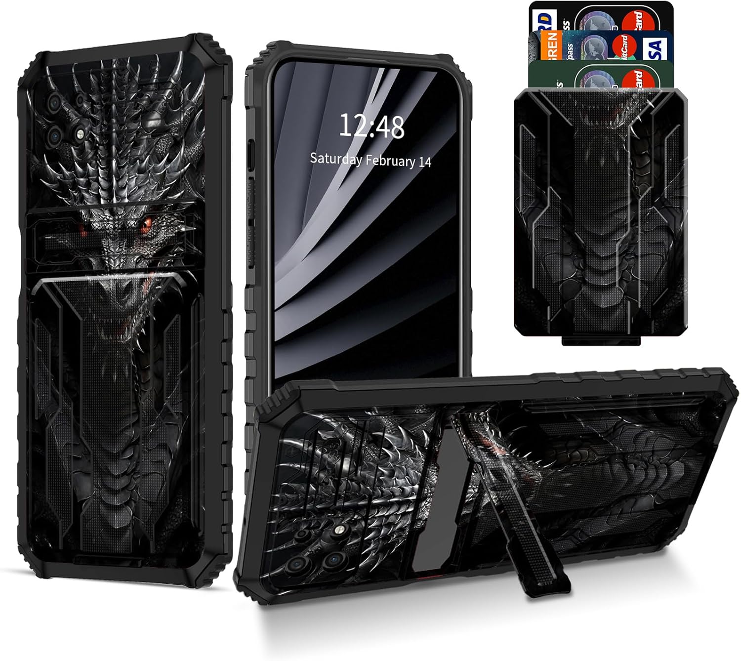 Black Face Dragon Wallet Case for Samsung Galaxy A22 5G, Credit Card Holder ID Slot Hidden Pocket Built-in Stand Kickstand Rugged Full Covered Phone Case for Boost Mobile Celero 5G