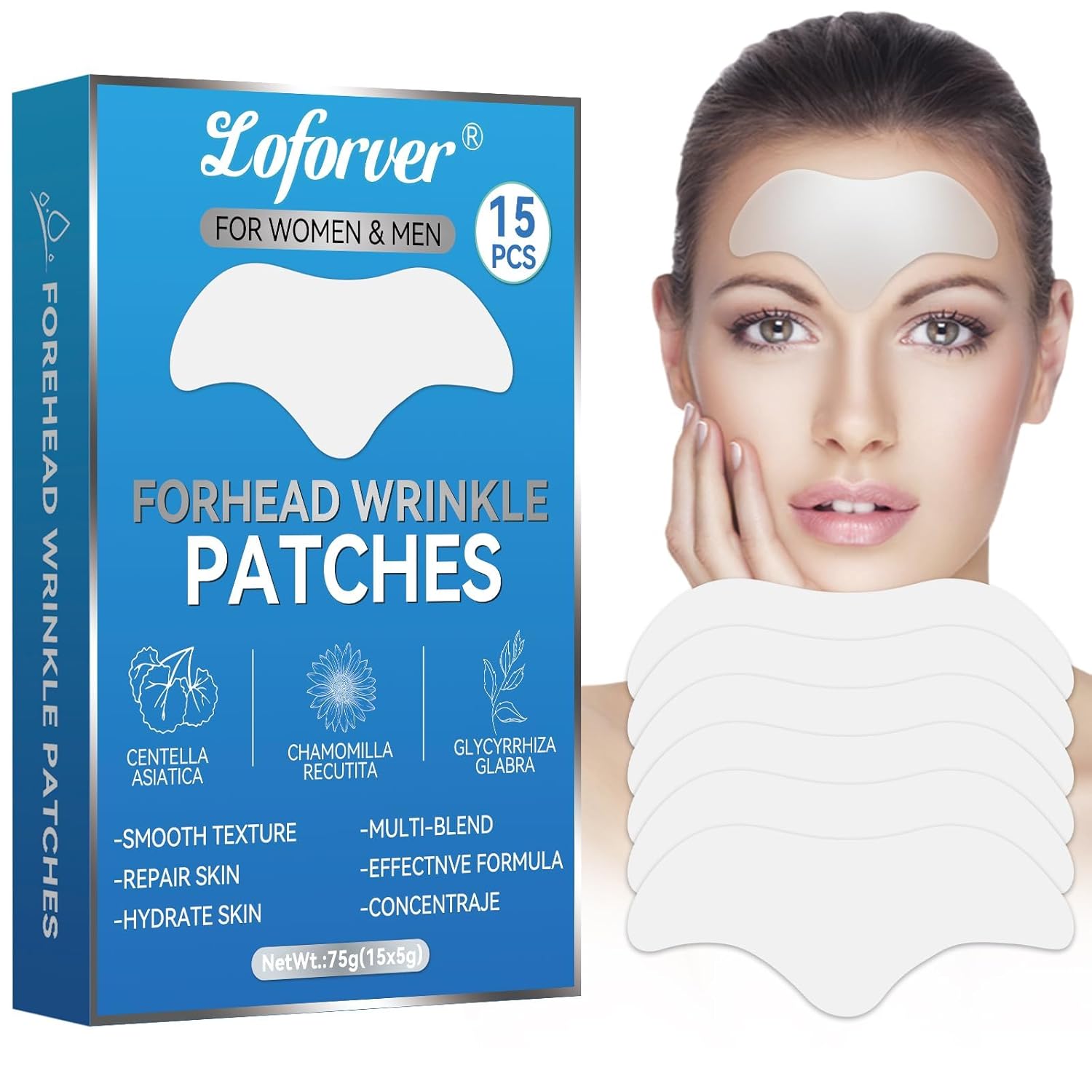 Forehead Wrinkle Patches 15 Pcs Smile Line Patches 15Prs Anti-Wrinkle Patches with Centella Asiatica, Smooths Fine Lines & Frown Lines, Forehead Wrinkles Treatment