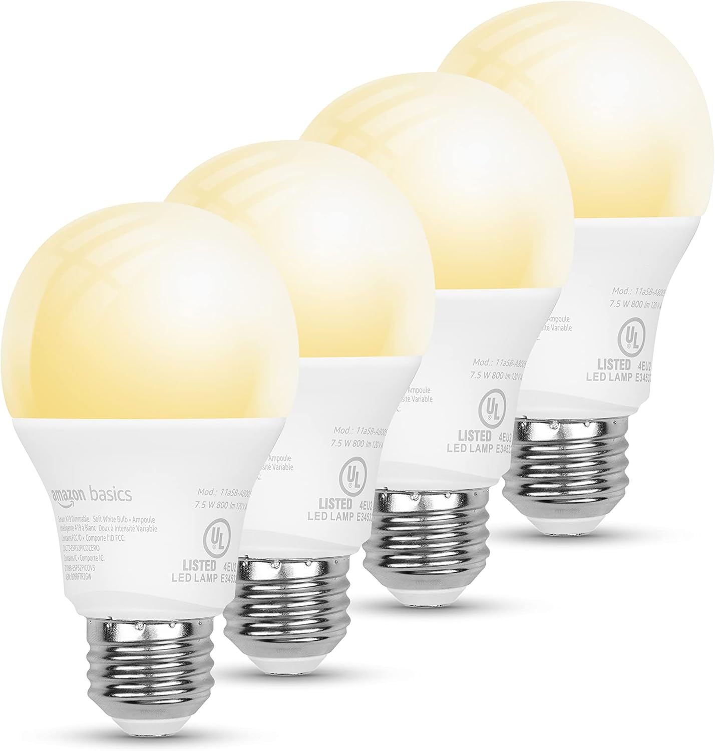 Amazon Basics Dimmable A19 LED Smart Light Bulbs Alexa Compatible, Dimmable Soft White, 60W Equivalent (7.5W), 800LM, 2.4 GHz Wi-Fi, No Hub Required, 4 Pack