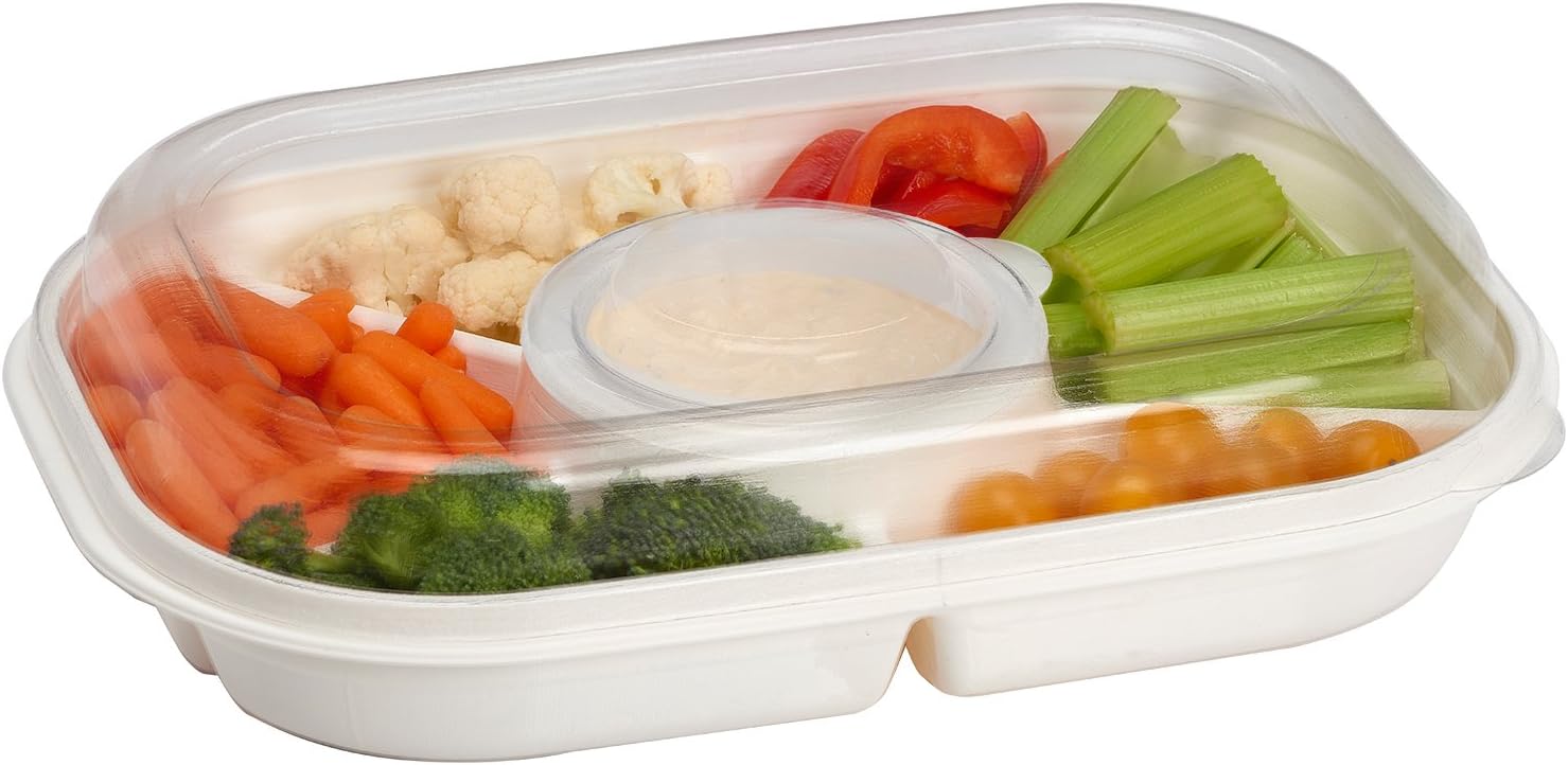 Jumbo Divided Serving Tray With Lid – Includes 6 Bins for Party Platter, Snackle Box Container, Fruit Tray, Veggie Tray, Chip and Dip Bowl, Appetizers, Desserts, Snacks & More (by Buddeez)