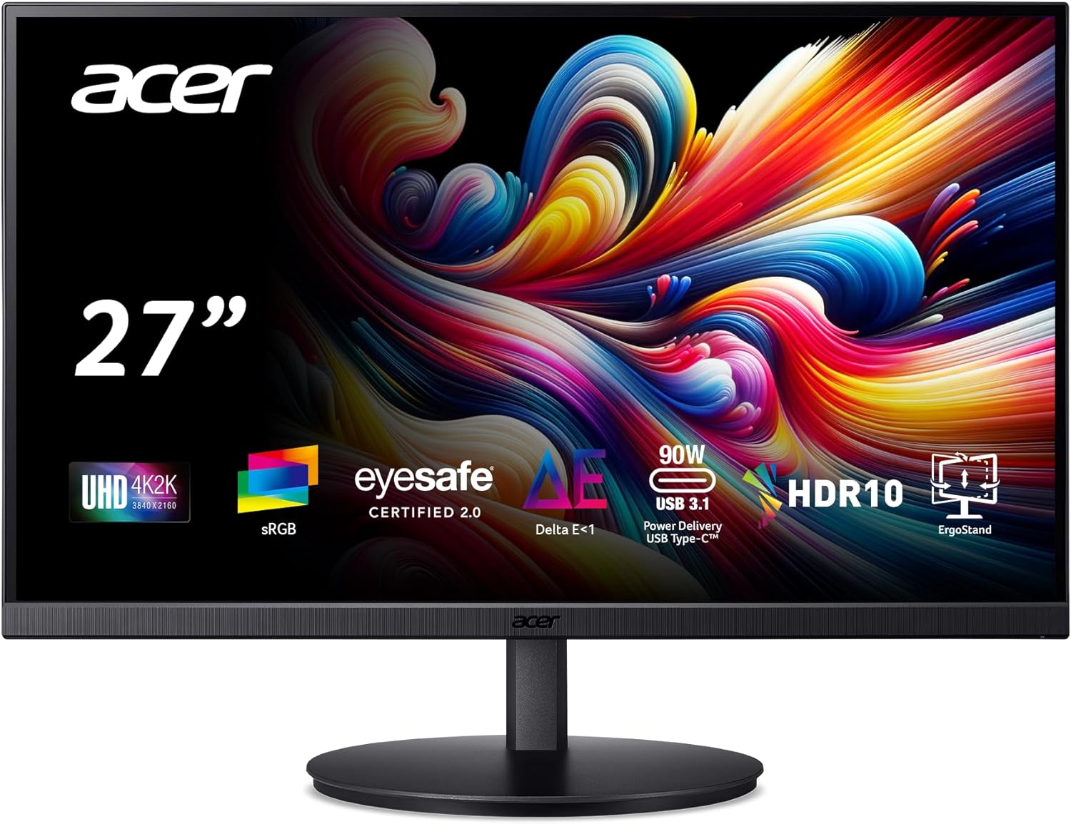 acer 27 Inch 4k IPS Monitor for Home, Office & Creators | 99% sRGB Color Accuracy | 90w USB-C Port Charges and Connects | Adjustable Height, Tilt, Swivel, Pivot | USB-C, DP & HDMI | CB272K