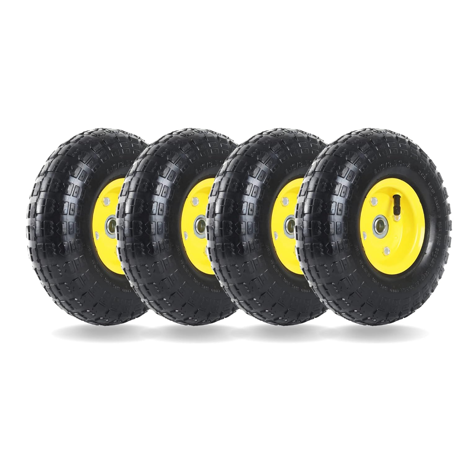 (4 Pack) AR-PRO 4.10/3.50-4″ All Purpose Utility Air Tires and yellow Wheel – with 10″ Inner Tube, 5/8″ Axle Bore Hole, 2.2″ Offset Hub and Double Sealed Bearings for Hand Trucks and Gorilla Cart