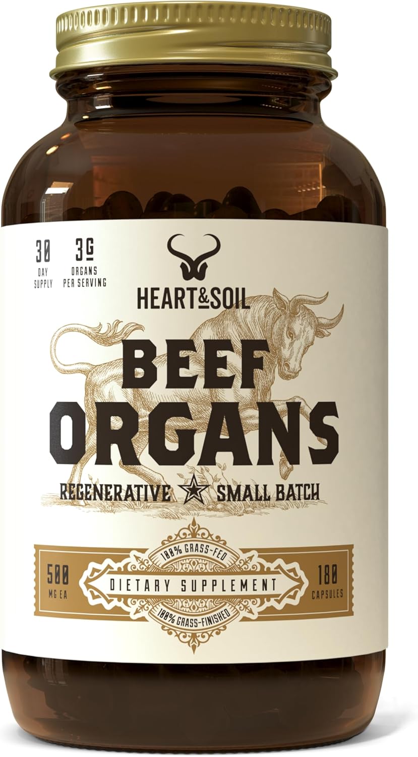 HEART & SOIL Beef Organs Complex — Grass Fed Liver, Heart, Kidney, Pancreas, and Spleen for Complete Nose to Tail Nutrition (180 Capsules)