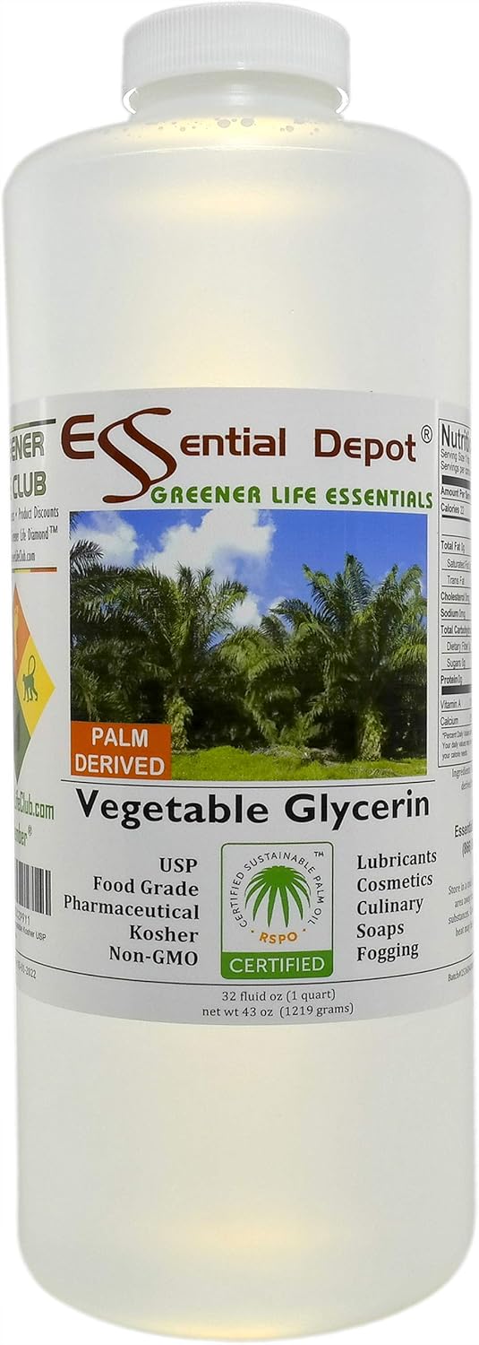 Glycerin Vegetable – 1 Quart (43 oz.) – Non GMO – Sustainable Palm Based – USP – Kosher – Pure – Pharmaceutical Grade – Safety Sealed HDPE Container with resealable Cap