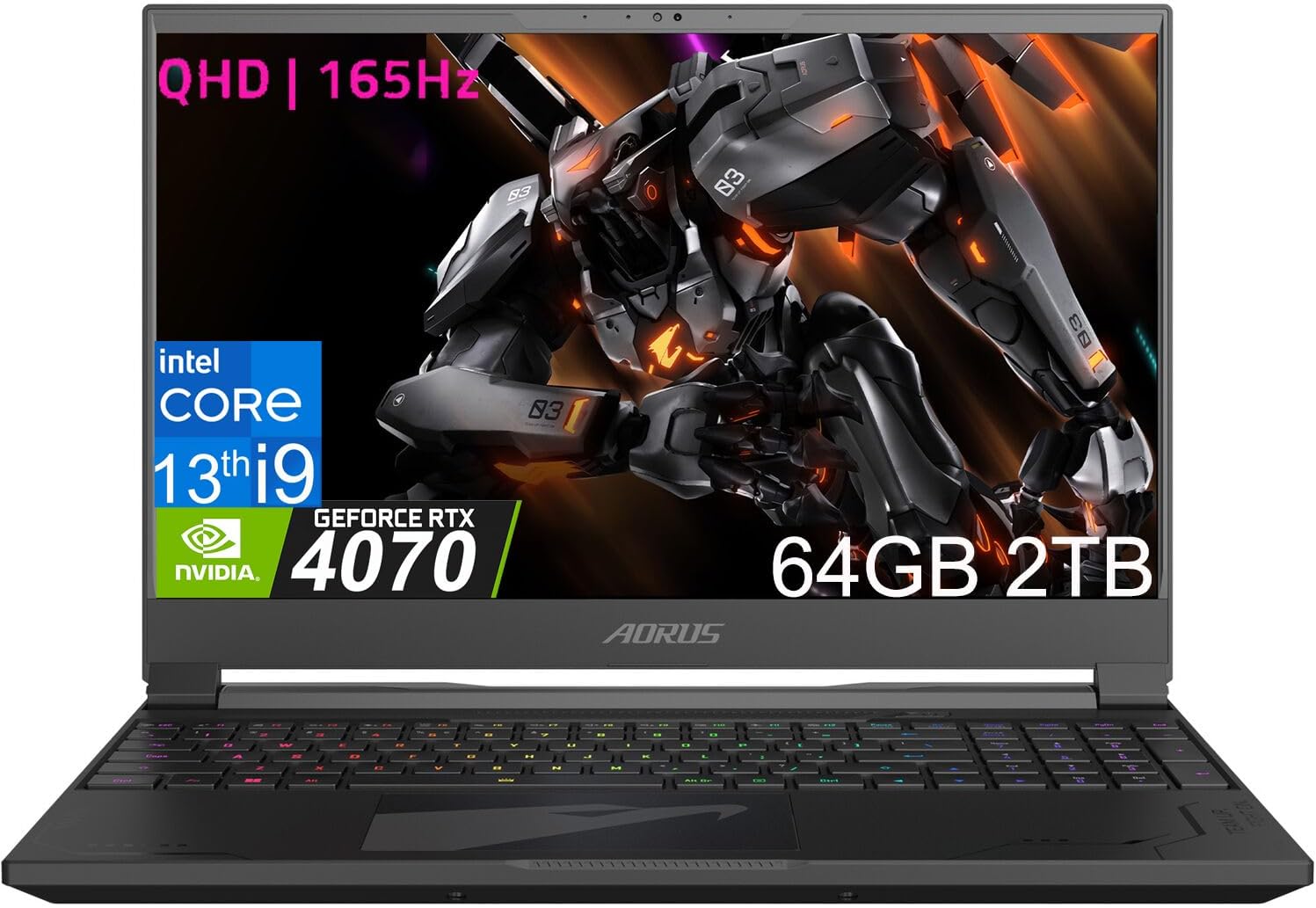 GIGABYTE AORUS 15X Gaming Laptop (15.6″ QHD 165Hz, Intel Core i9-13980HX, GeForce RTX 4070 8GB, 64GB DDR5 RAM, 2TB SSD), RGB Backlit, 1080p IR Webcam, Thunderbolt 4, Wi-Fi 6E, Win 11 Home