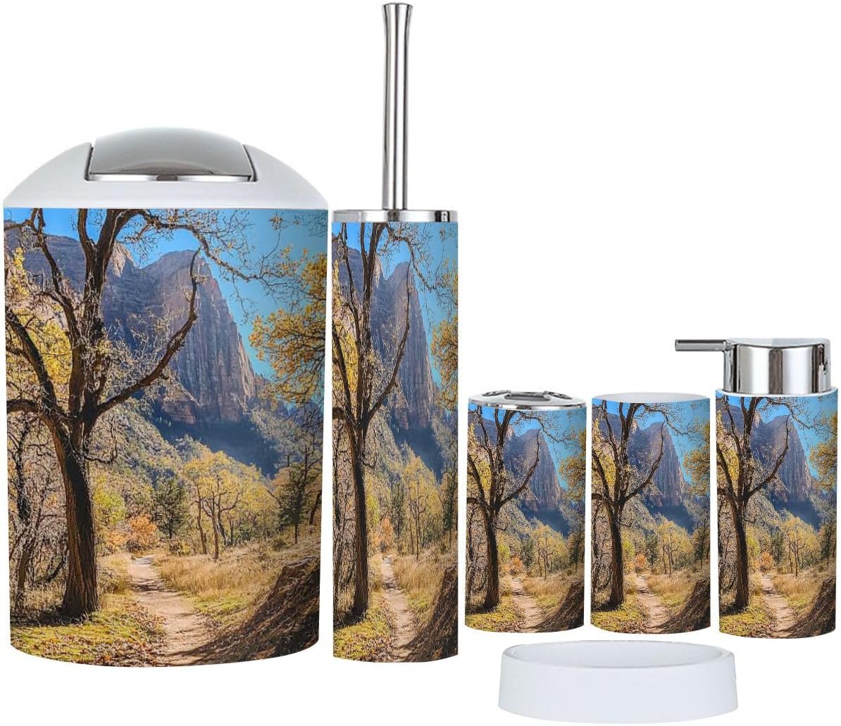 Bathroom Accessory Set 6 Piece Zion Canyon Emerald Pools Trailhead Zion National Park Toothbrush Holder, Toothbrush Cup, Soap Dispenser, Soap Dish, Toilet Brush Holder, Trash can