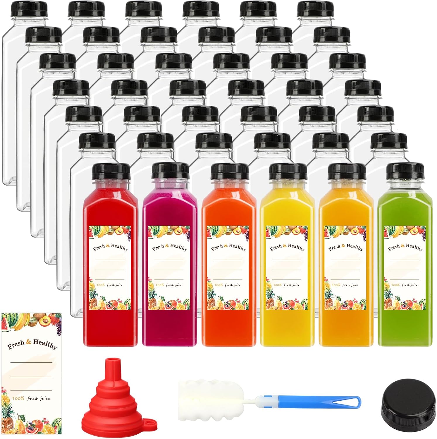 Moretoes 42pcs 16oz Plastic Juice Bottles with Caps, Refrigerator Juice Container with Lid, Reusable Container and Clear Beverage Bottle Can Hold Juice, Smoothies, Milk