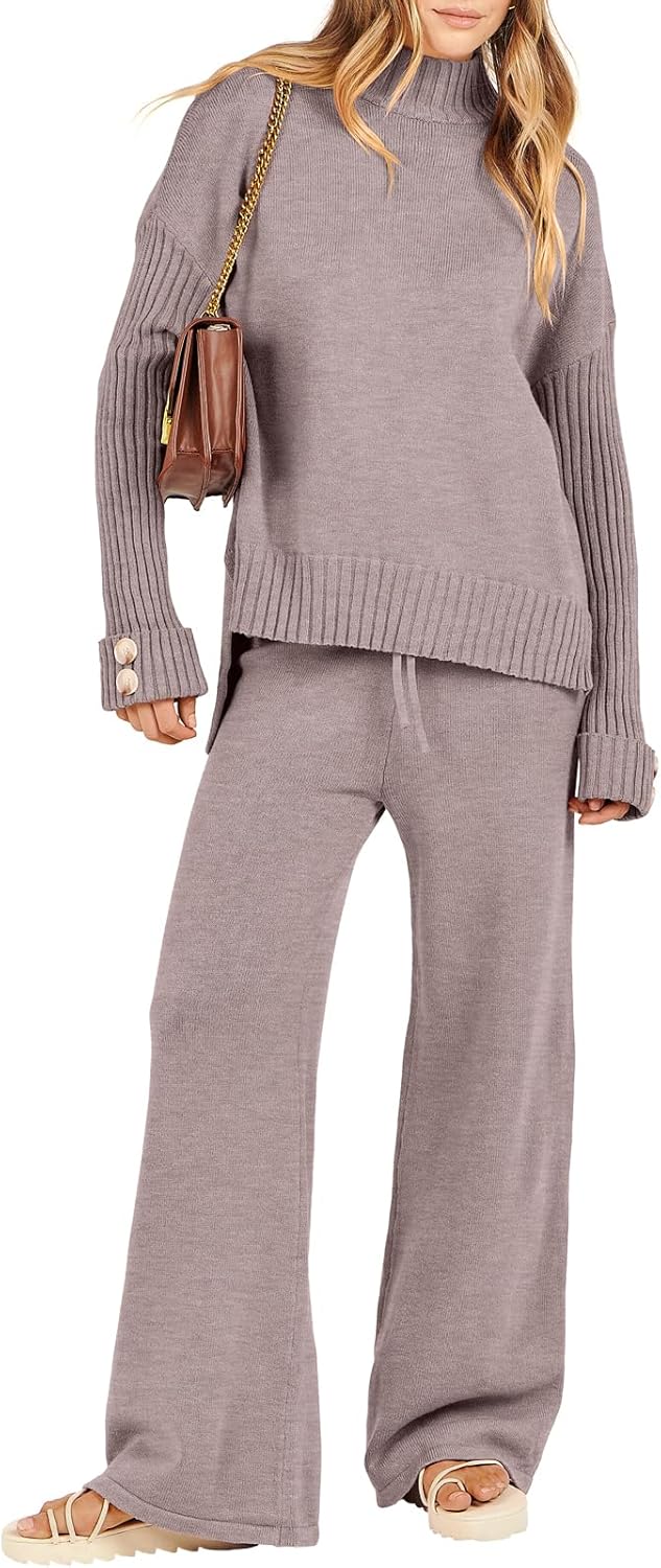 ANRABESS Women’s 2 Piece Outfit Sweater Lounge Sets Long Sleeve Knit Pullover Wide Leg Pant Tracksuit Loungewear 2024 Fashion