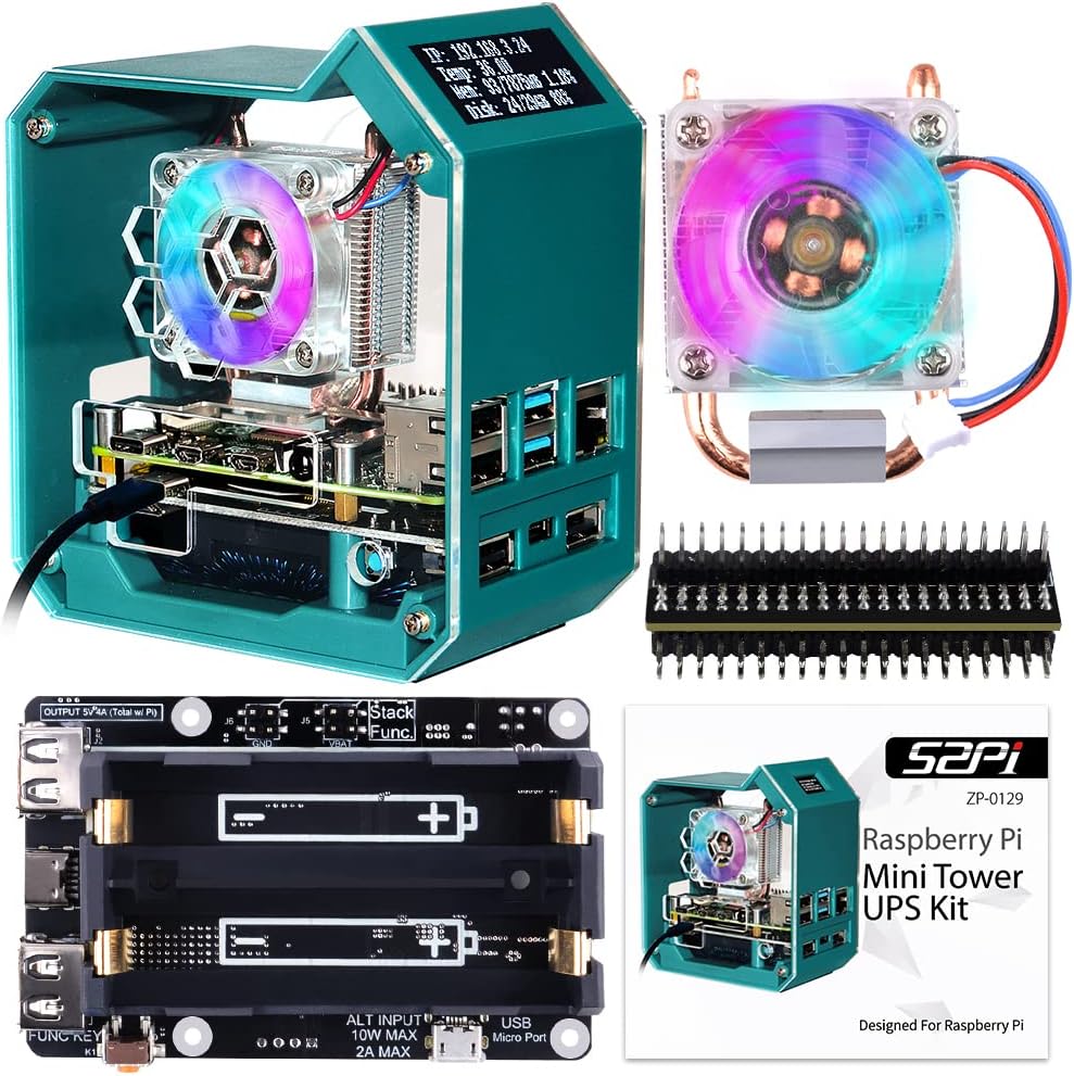 GeeekPi Case for Raspberry Pi 4, Pi 4 Mini Tower Case with ICE Tower Cooler, with UPS Plus Hat, 0.96 inch OLED Display, GPIO 1 to 2 Expansion Board for Raspberry Pi 4 Model B