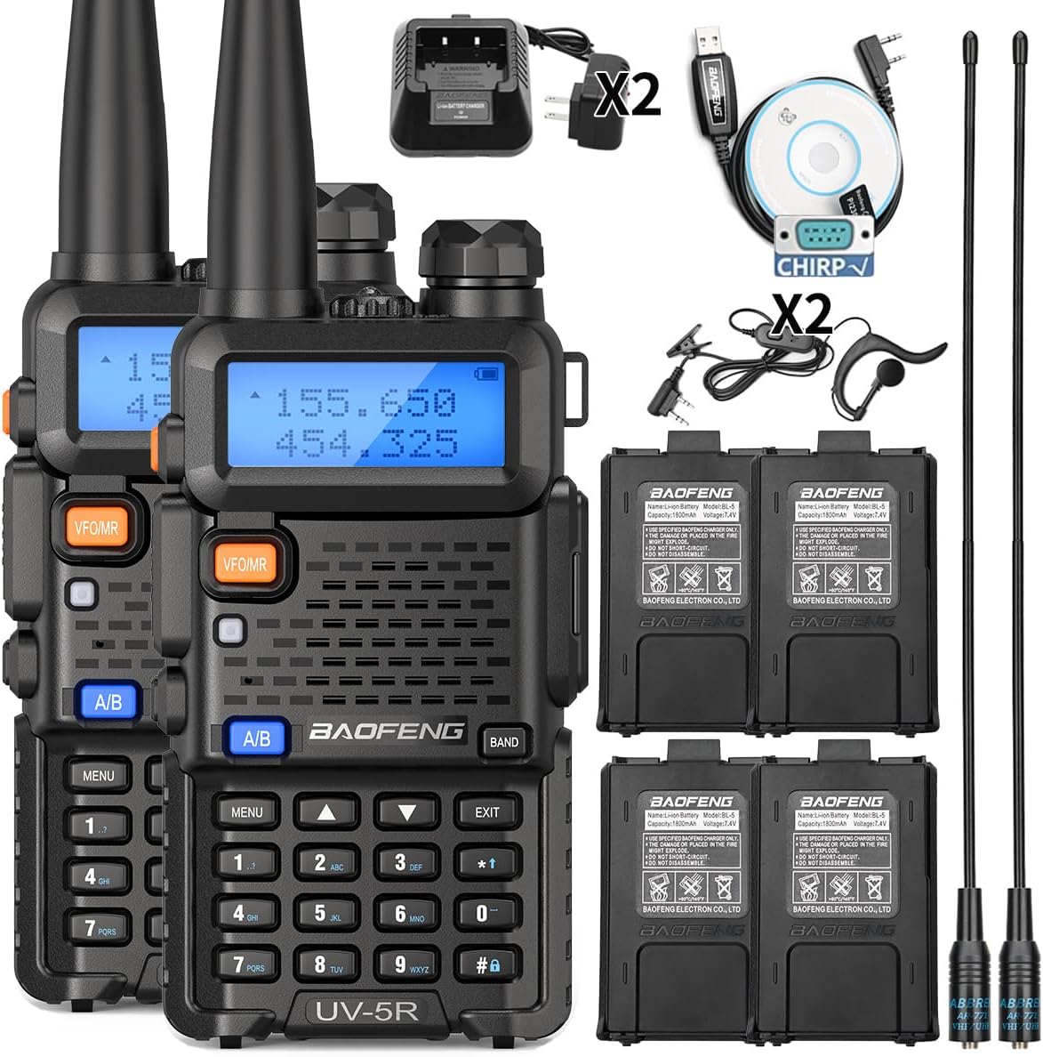 Baofeng UV-5R Ham Radio Long Range UV5R Two Way Radio Handheld Dual Band Walkie Talkies for Adults with Programming Cable,4Pack 1800mAh Li-ion Battery and Earpiece Full Kit (Black-2Pack)