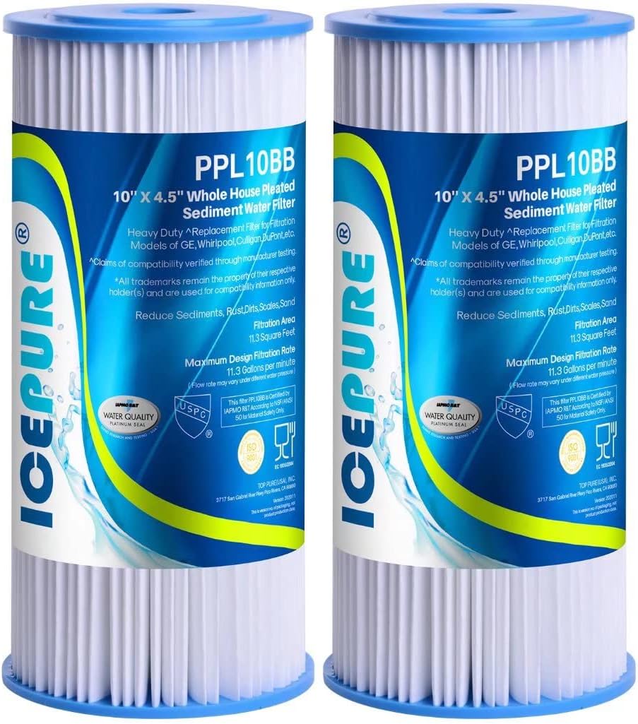 ICEPURE 20 Micron 10″ x 4.5″ Whole House Sediment Pleated Water Filter Replacement for GE FXHSC, Culligan R50-BBSA, Pentek R50-BB, DuPont WFHDC3001, W50PEHD, GXWH40L, GXWH35F for Well Water, 2PACK