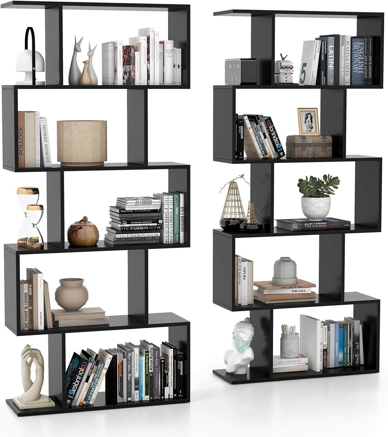 Tangkula 5-Tier Geometric Bookshelf, S Shaped Bookcase w/Anti-Toppling Device, Freestanding Room Divider, Industrial Home Office Decor Wood Open Storage Display Shelf for Living Room (2, Black)