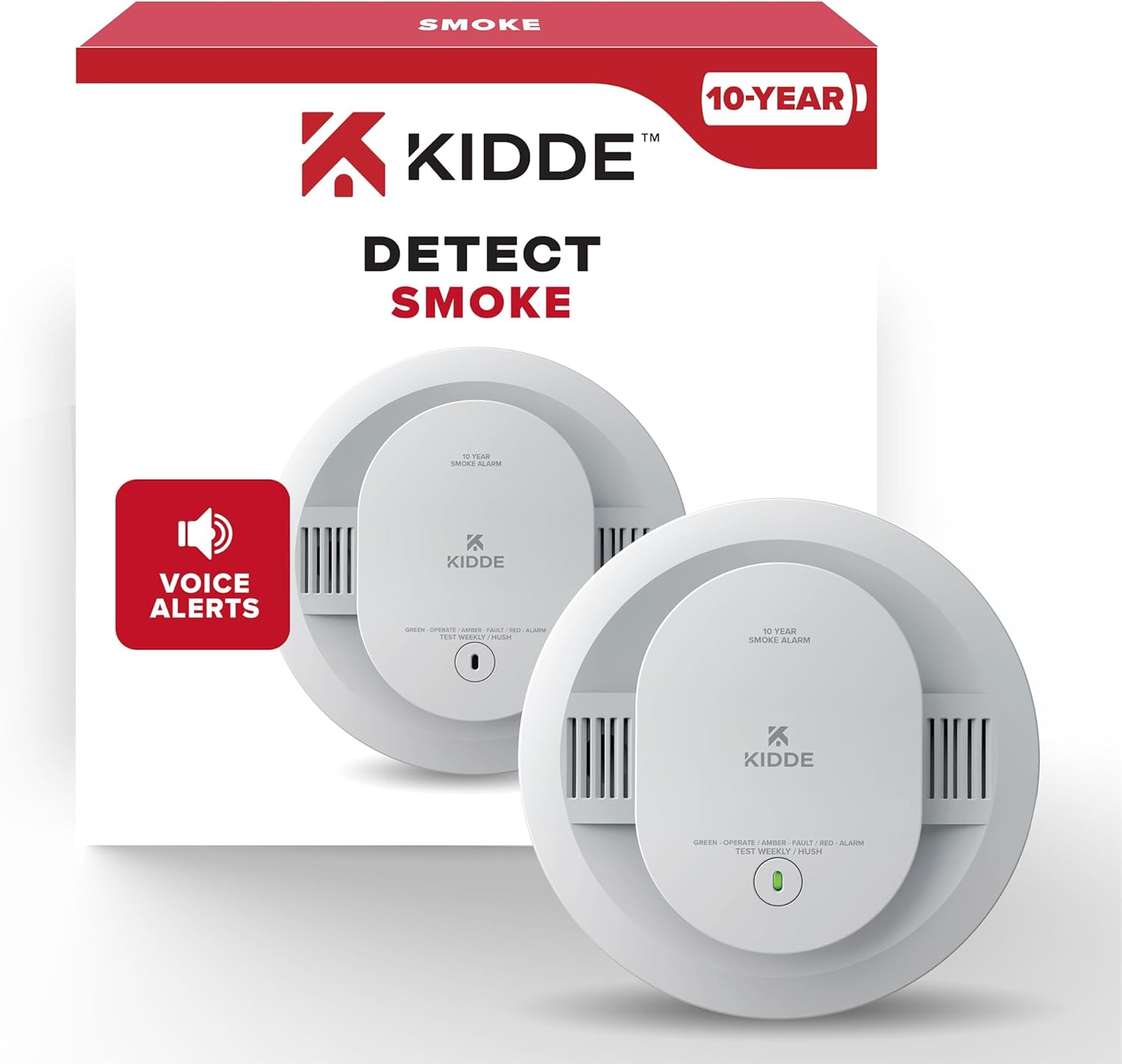 Kidde Smoke Detector, 10-Year Battery Powered, Voice Alerts, LED Warning Light Indicators