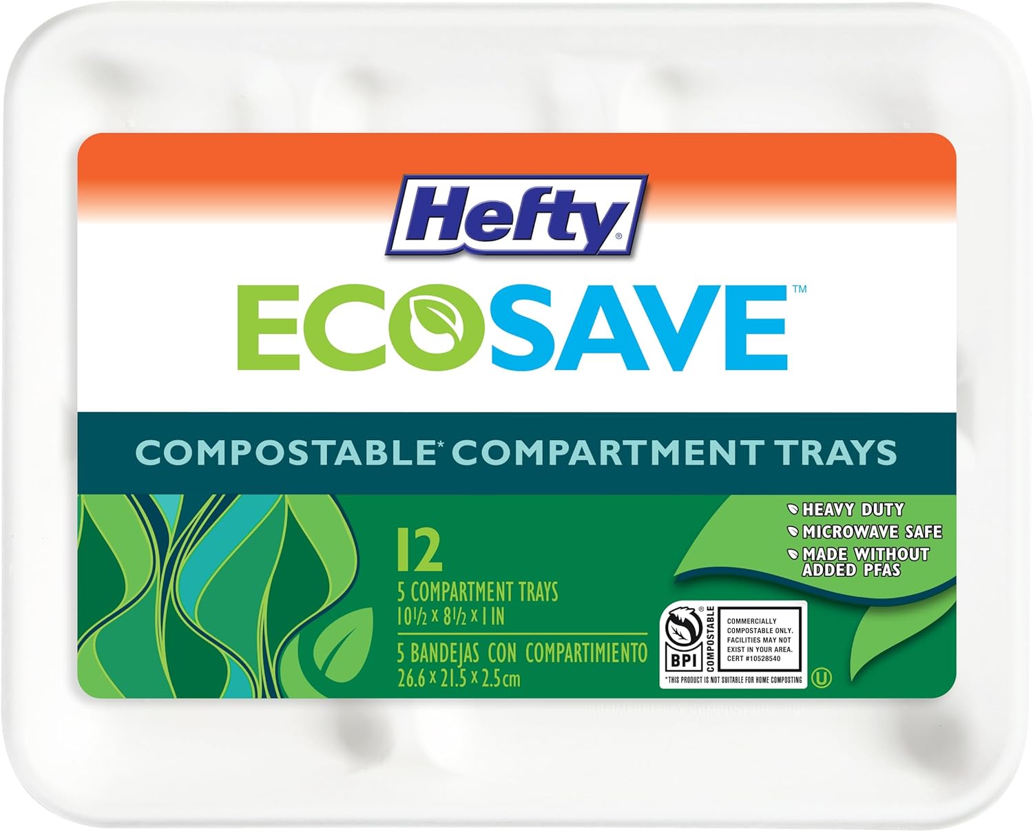 Hefty ECOSAVE Compostable 5-Compartment Paper Trays, 12 Count