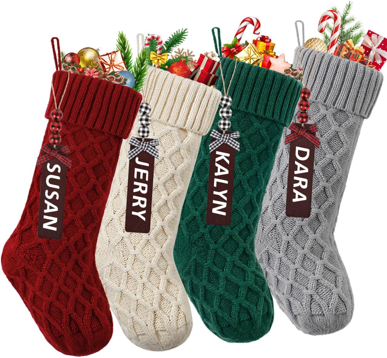 LOMOHOO 4 Pack Personalized Christmas Stockings with Wooden Tags, 18 lnches Large Knitted Xmas Stocking for Kids Gifts Family Fireplace Stair Holiday Xmas Party Decorations