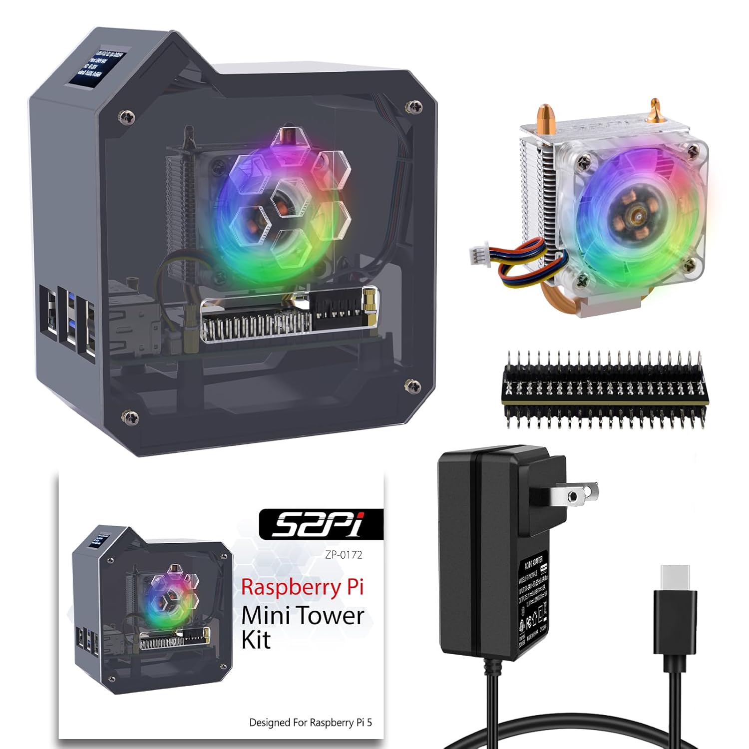 GeeekPi Mini Tower Kit with 27W Power Supply for Raspberry Pi 5, Pi 5 Case with ICE Tower Cooler, 0.96” OLED Module, RGB Fan, Heatsink, GPIO Expansion Board for Raspberry Pi 5 8GB 4GB