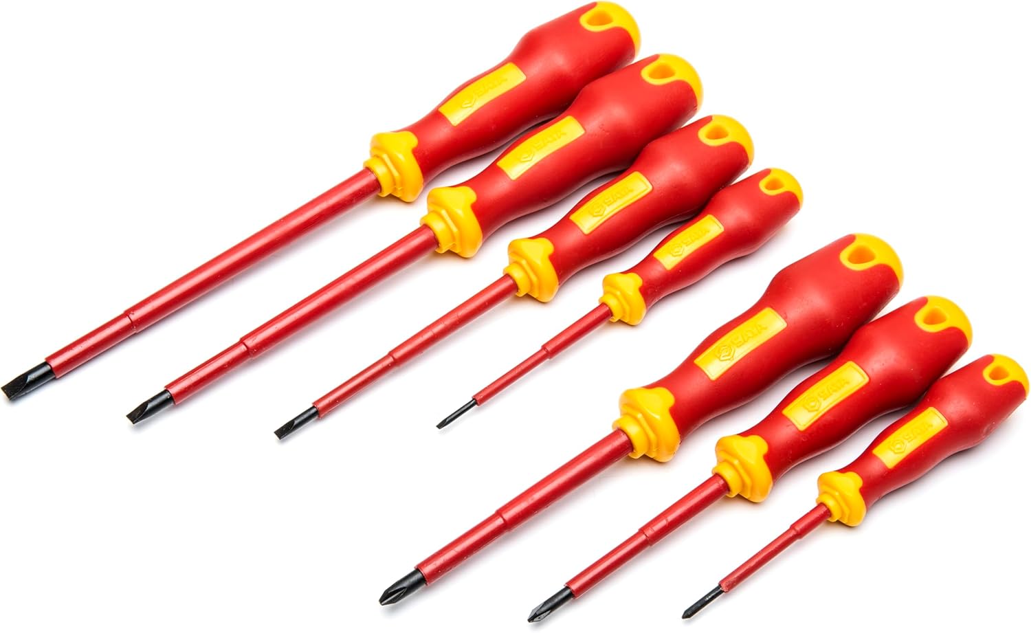 SATA 7-Piece VDE Insulated Electricians Screwdriver Set with Red and YellowHandles and A2 Steel Blades Tested to 10,000 Volts – ST09303