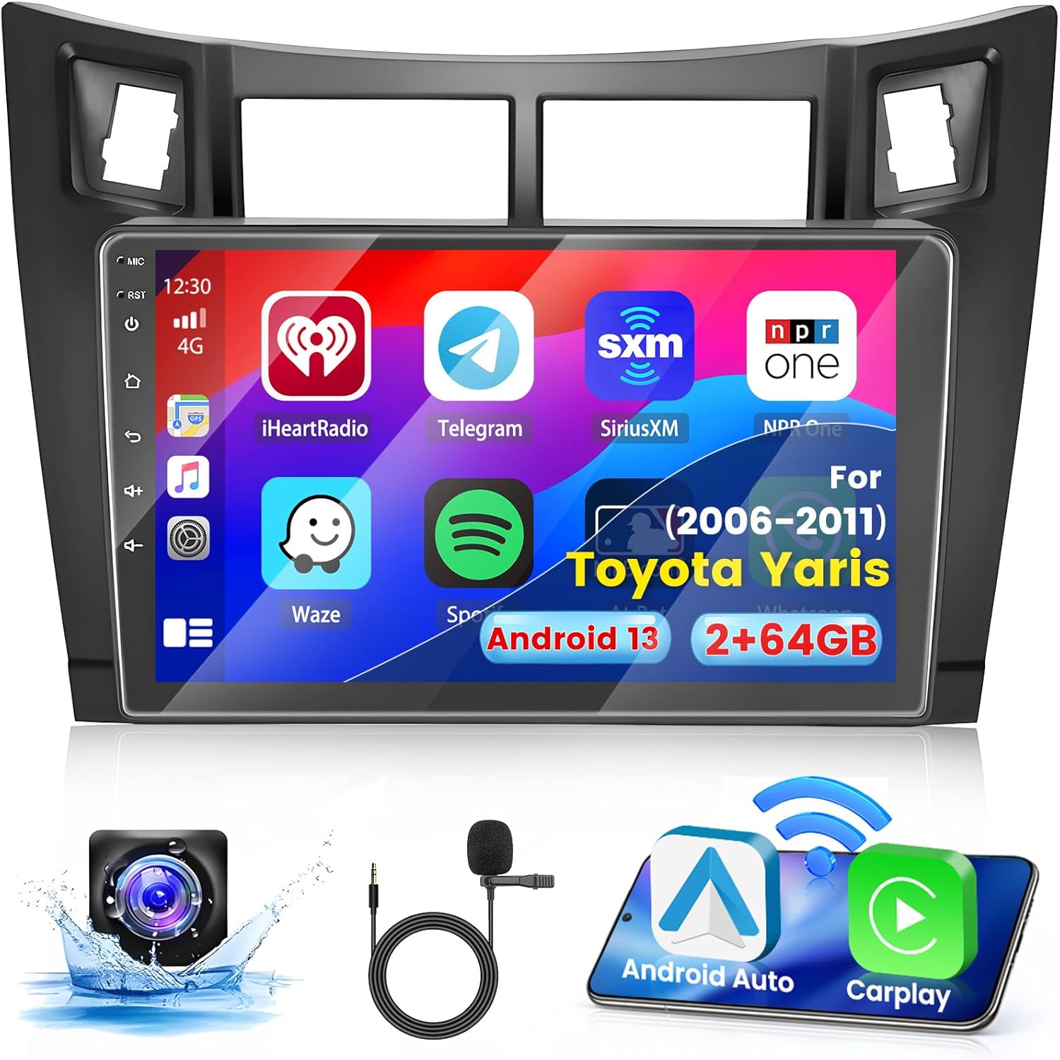 2+64G Android 13 CarPlay Car Stereo Radio for Toyota Yaris 2006-2011, 9” HD Touch Screen Compatible with Android Auto, AHD Backup Camera, Mirror Link, GPS, WiFi, FM RDS