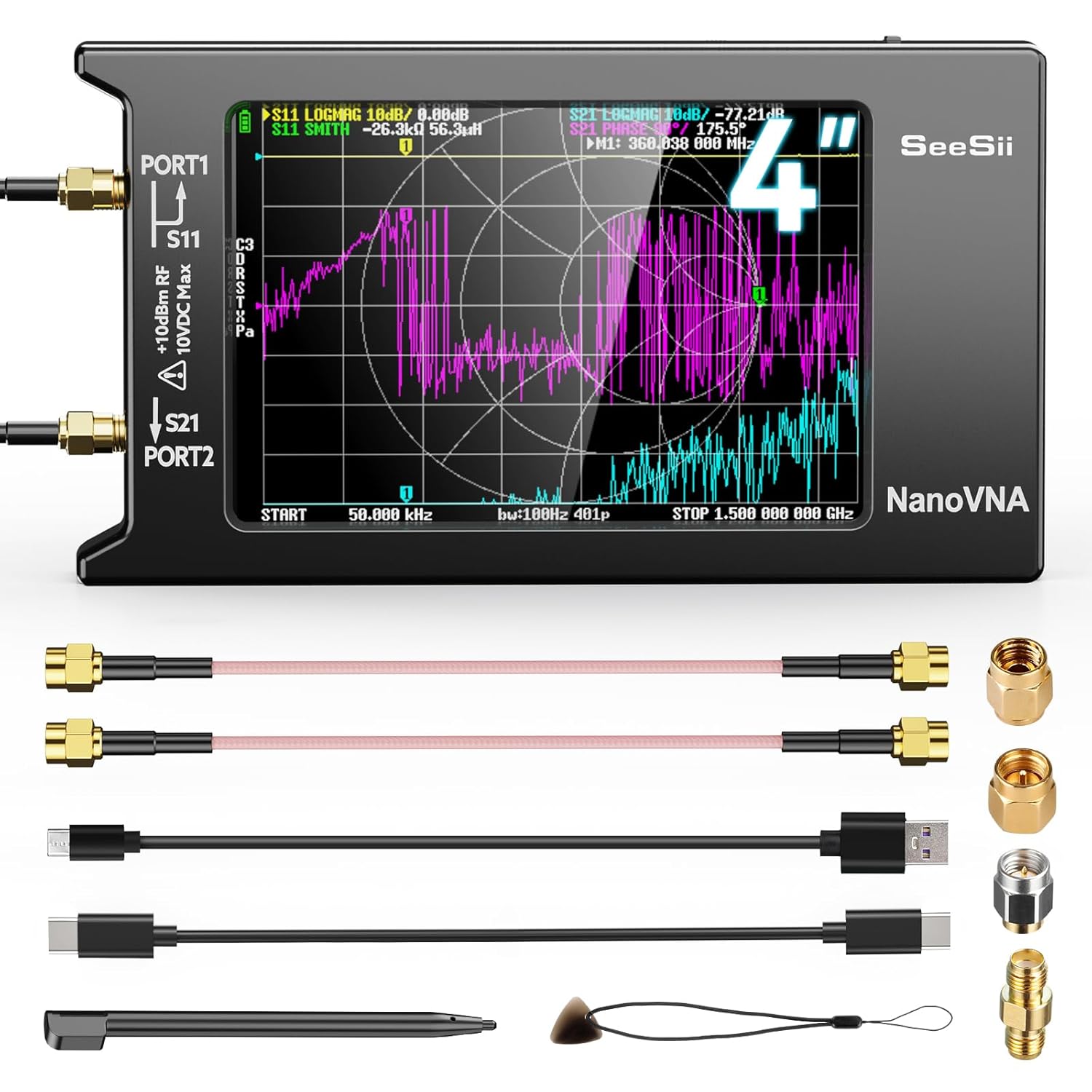 SeeSii Upgraded NanoVNA-H4 Vector Network Analyzer, Latest V4.3 10KHz-1.5GHz HF VHF UHF 4″ Touch Screen VNA Antenna Analyzer Measures S Parameters,Voltage Standing Wave Ratio, Phase,Delay, Smith Chart