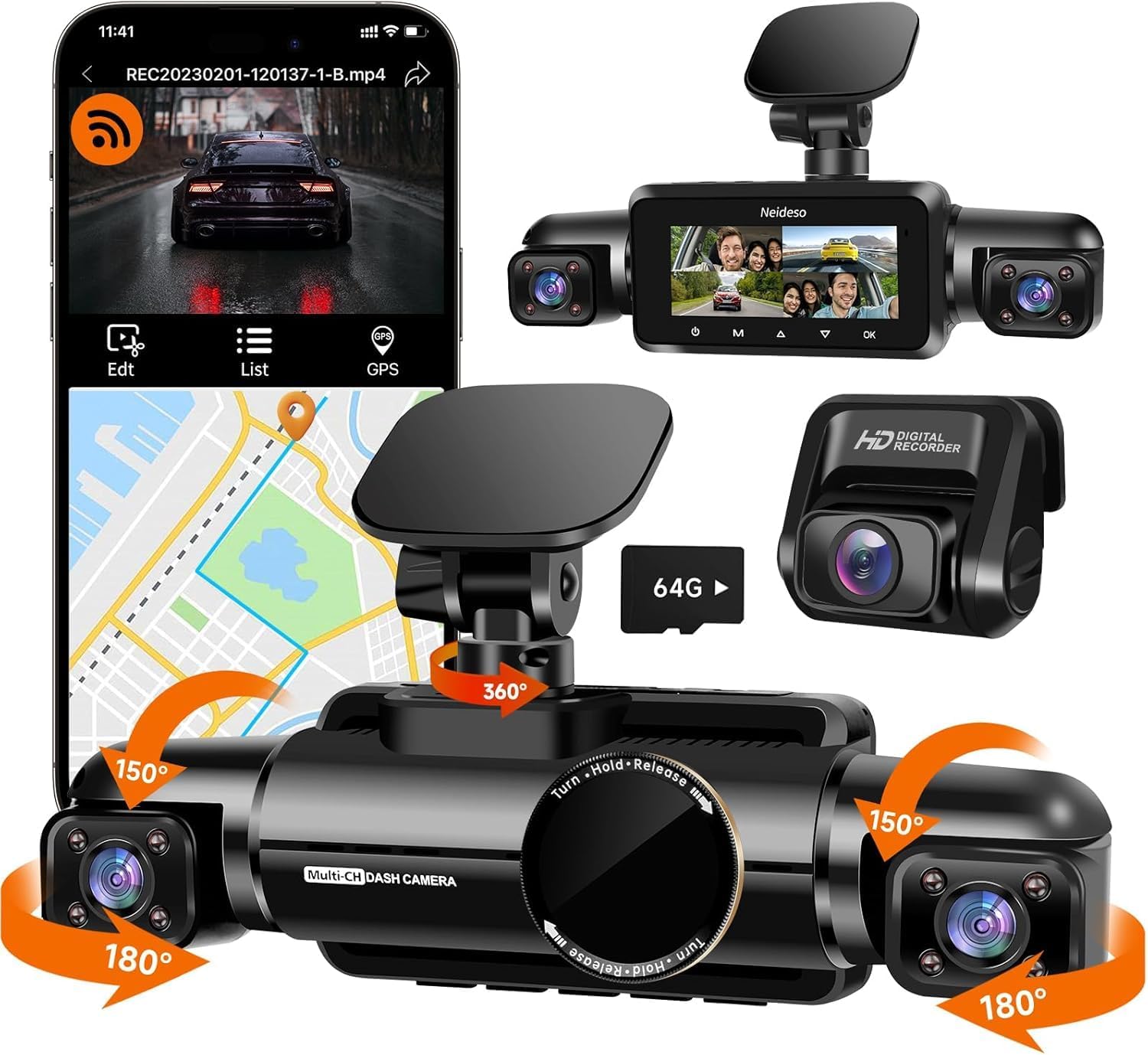 360° Dash Cam Front, Rear and Inside, 4 Channel 3K+3*1080P, 5GHz Wi-Fi GPS, Voice Control, 4K+1080P*2 Dash Camera for Cars, CPL Filter, Free 64GB SD Card, Night Vision, 24H Parking Mode(N700)