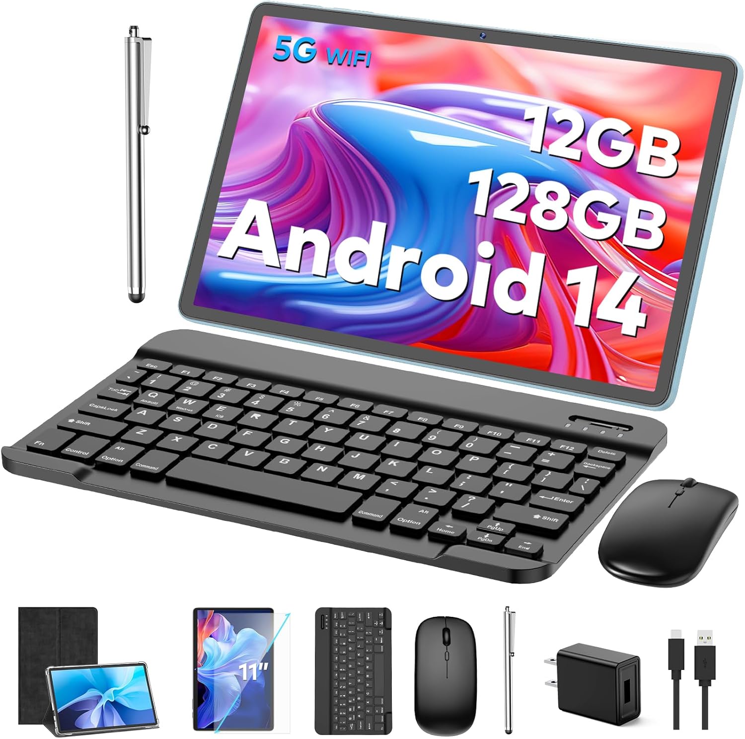 Android Tablet, 11 inch Android 14 Tablet with Keyboard, 12GB+128GB, 1TB Expand, 8000mAh, 5MP+13MP, 2.4G&5G WiFi, IPS Touch Screen, GMS Certified, 2 in 1 Tablets with Case, Mouse, Stylus(Black)