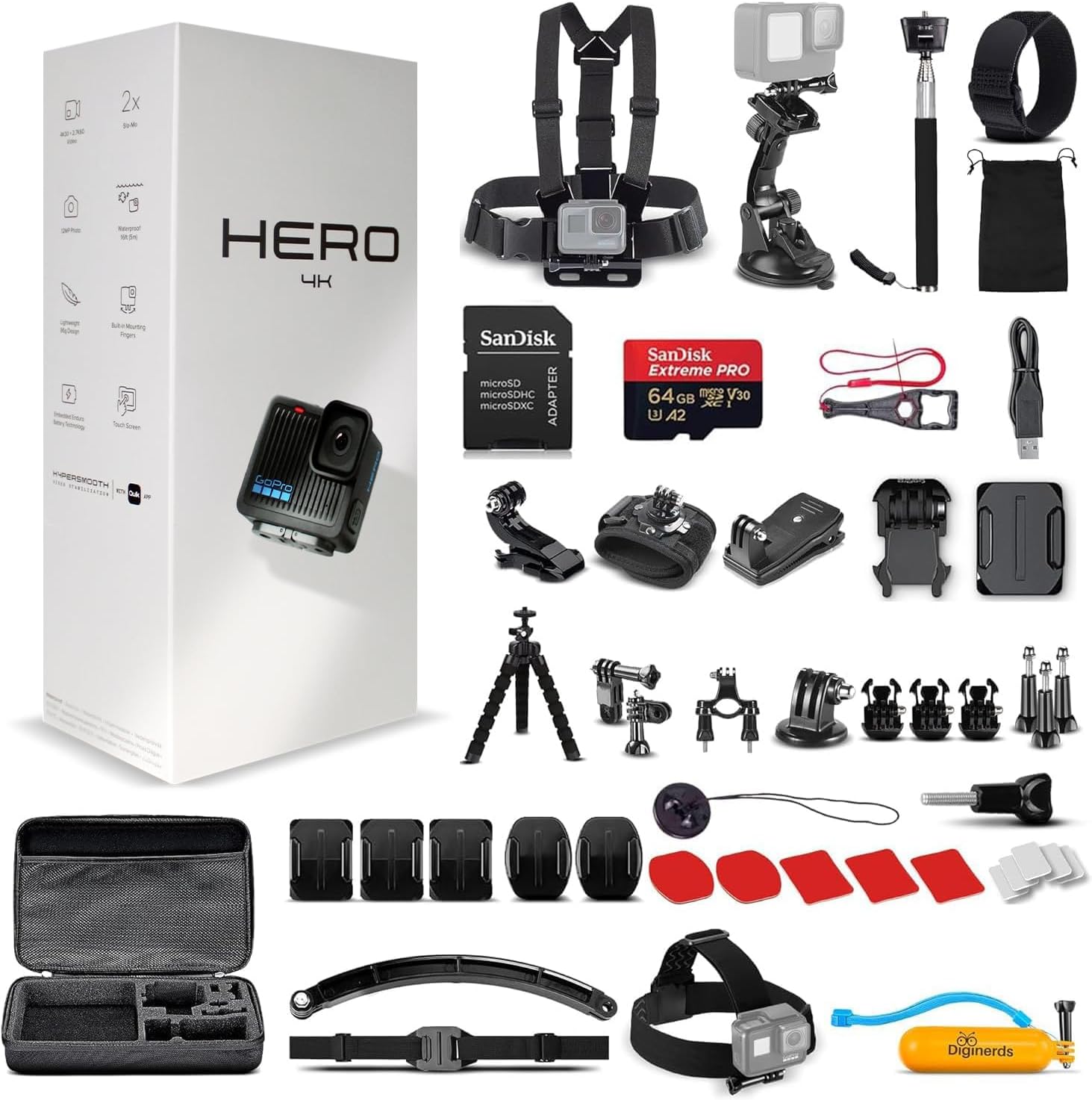 GoPro Hero (Go Pro Hero) Black Compact – Waterproof Action Camera with 4K Ultra HD Video, 12MP Photos, Stabilization + 50-in-1 Accessory Kit + 64GB Card + More