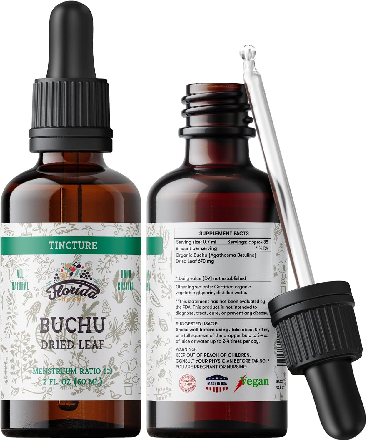 Buchu Tincture, Organic Buchu Extract (Agathosma Betulina) Dried Leaf Health Supplement, Non-GMO in Cold-Pressed Organic Vegetable Glycerin 2 oz, 670 mg