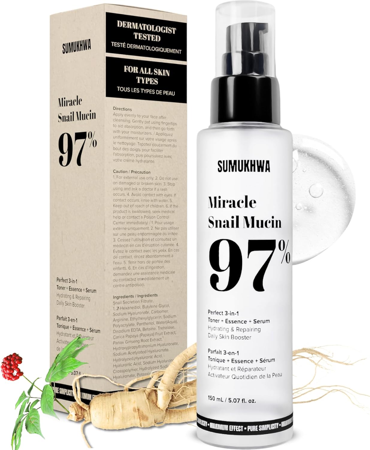 Snail Mucin 97% + Ginseng Essence 5.07 fl.oz 150ml, Hydrating Serum & Toner with Snail & 8 Hyaluronic Acid, Face Moisturizer for Dry Skin, Hydrates & Balances, Korean Skincare