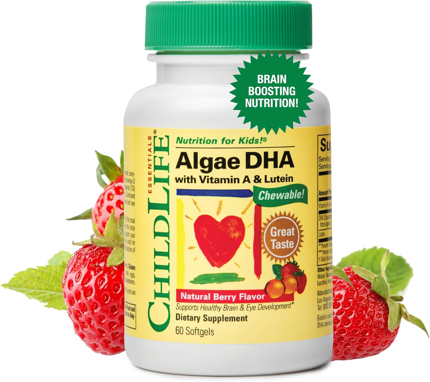 ChildLife Essentials Algae DHA for Kids – Omega 3 Supplement & Fish Oil Alternative – Algae Oil for Toddlers & Children – Natural Berry Flavor, 60 Chewable Softgels