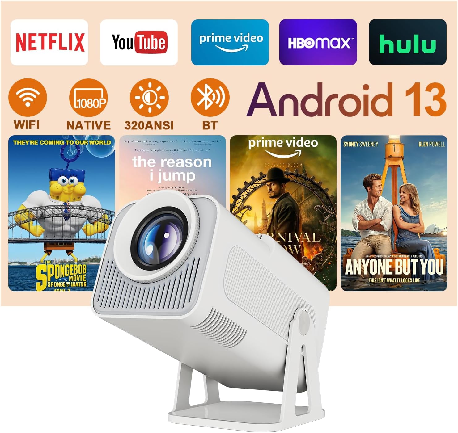 [Netflix-Licensed] HY320 NTV Android 13 Smart Projector with officially TV Apps, ChatGPT Voice Asssistant, 1080P Native 320ANSI Movie Portable Projector with WiFi and BT for Home Theater/Outdoor