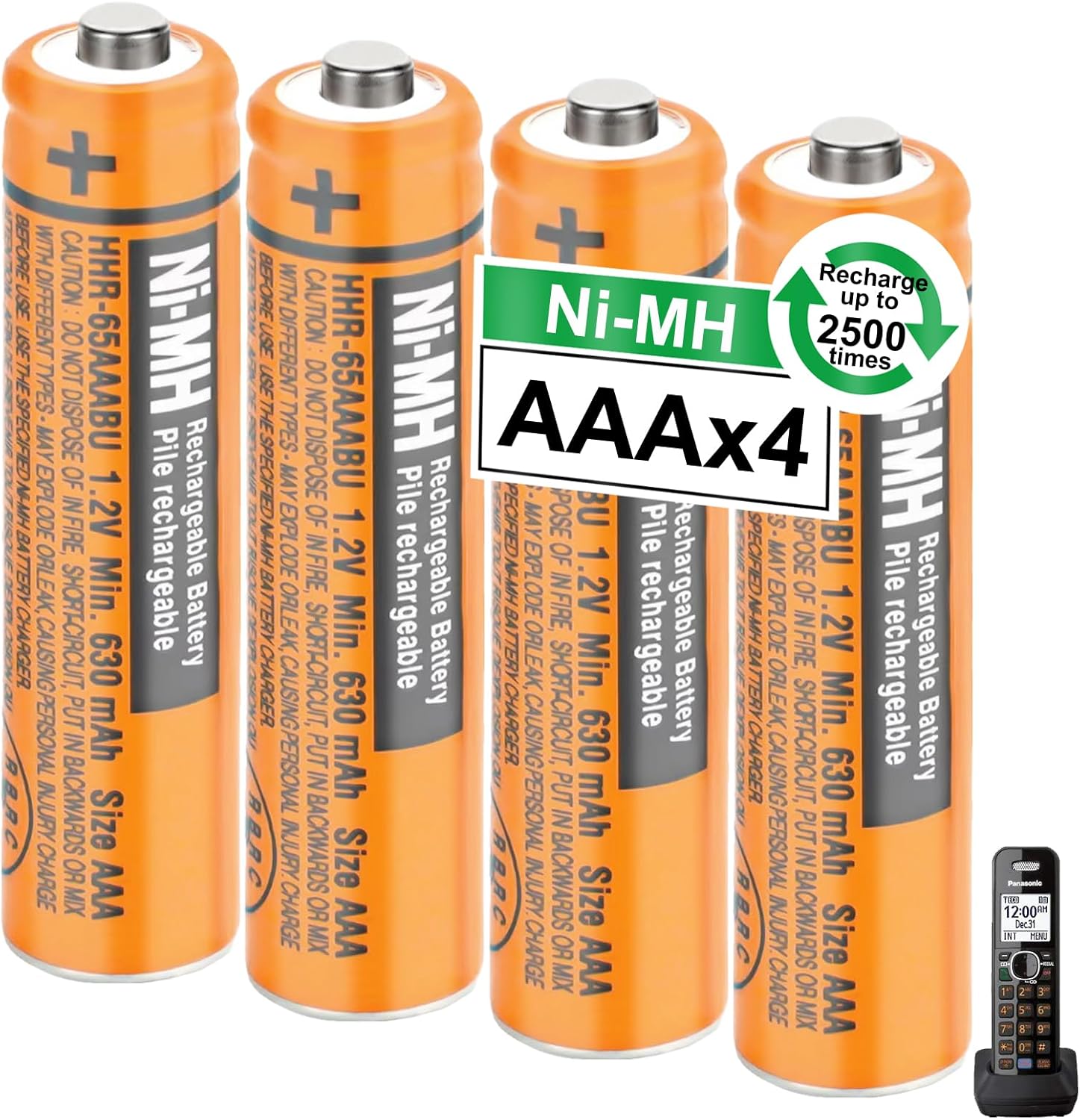 4Pack HHR-65AAABU NI-MH AAA Rechargeable Batteries 1.2V 630mah AAA NiMH Batteries for Panasonic Cordless Phones, Remote Controls, Electronics