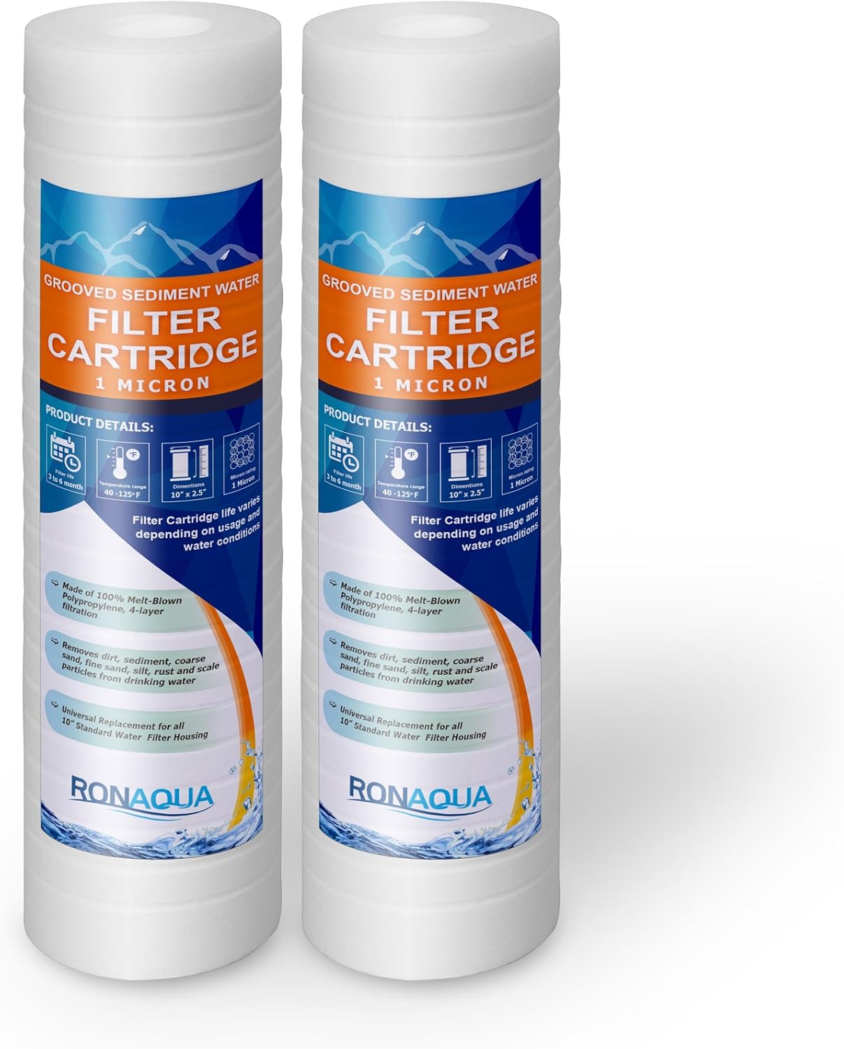 Grooved Sediment Water Filter Cartridge by Ronaqua 10″x 2.5″, Four Layers of Filtration, Removes Sand, Dirt, Silt, Rust, made from Polypropylene (2 Pack, 1 Micron)