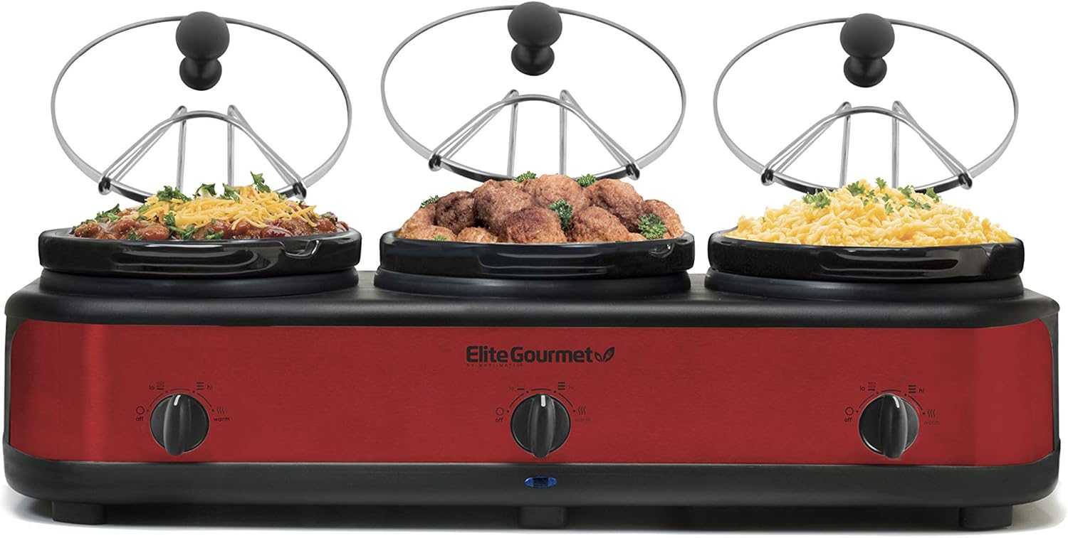 Elite Gourmet EWMST-325R Maxi-Matic Triple Slow Cooker Buffet Server Adjustable Temp Dishwasher-Safe Oval Ceramic Pots, Lid Rests, 3 x 2.5 Qt Capacity, Red