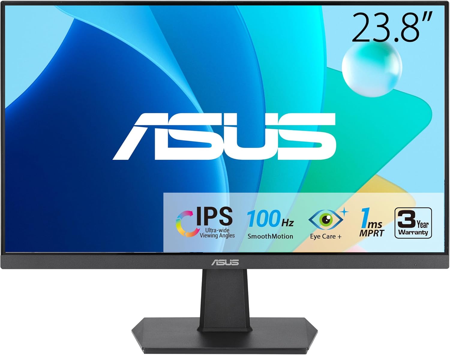 ASUS 24” (23.8-inch viewable) 1080P Eye Care Monitor (VA24EHF) – IPS, Full HD, Frameless, 100Hz, 1ms, Adaptive-Sync, for Working and Gaming, Low Blue Light, HDMI, VESA Mountable, Tilt, BLACK