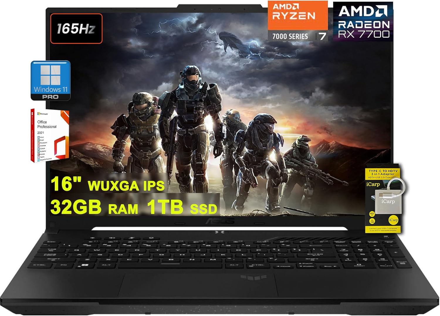 ASUS TUF Gaming A16 Laptop 16″ WUXGA 165Hz 100% sRGB AMD 8-core Ryzen 7 7735HS 32GB DDR5 1TB SSD Radeon RX 7700S (>RTX4060) Backlit USB4 AI Noise Cancelation Office2021Pro Win11Pro w/ICP Accessory