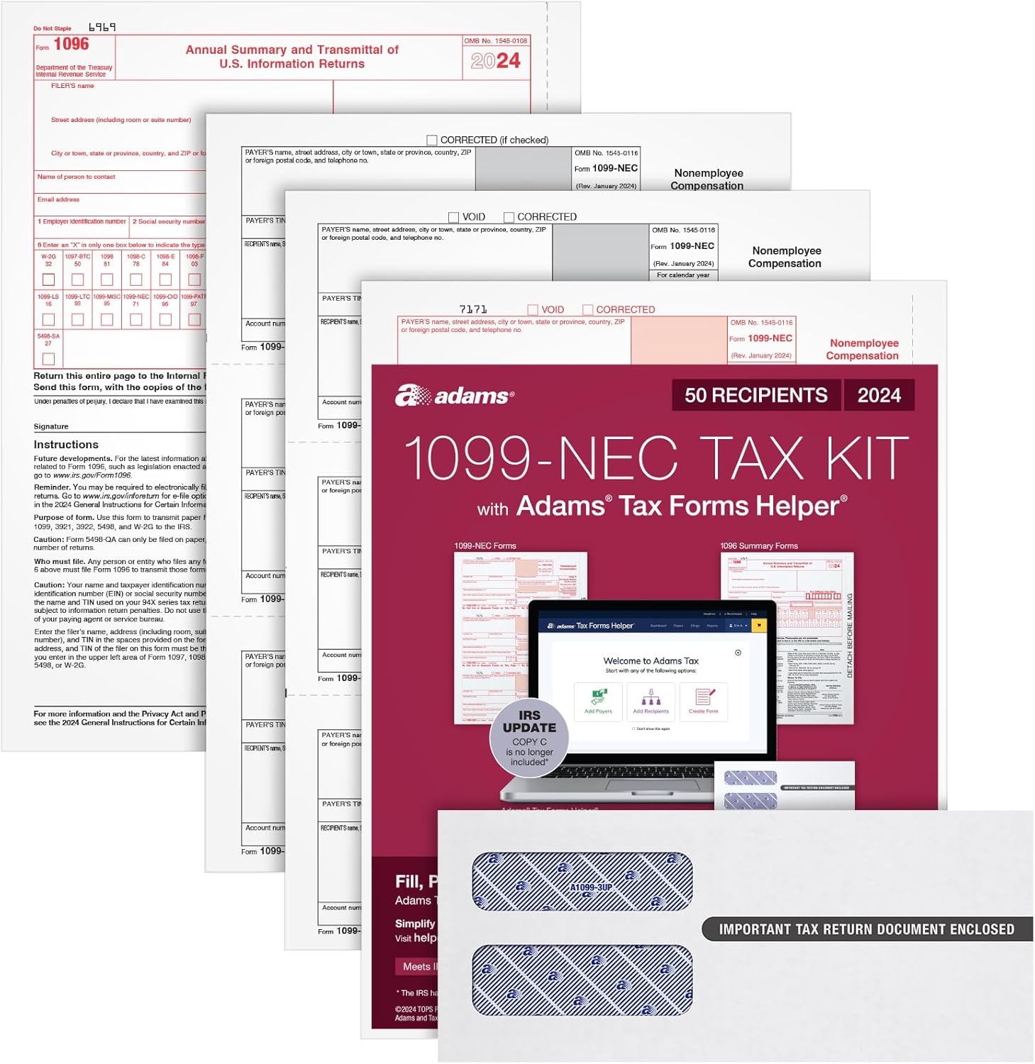 Adams 2024 1099 NEC Tax Forms Kit for 50 Recipients, 3-Part 1099 Forms, 6 1096 Forms, Self Seal Envelopes, Access to Adams Tax Forms Helper (1009315)