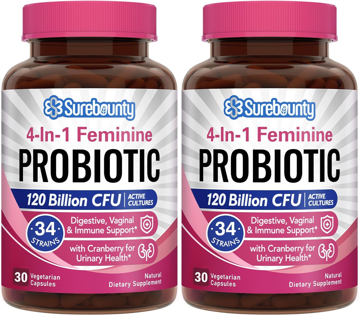 Probiotics for Women, 120 Billion CFU 34 Strains, Prebiotics, Digestive Enzymes, Cranberry, 4-in-1 Feminine Probiotic, Digestive, Vaginal, Immune Support, 60ct (Pack of 2)