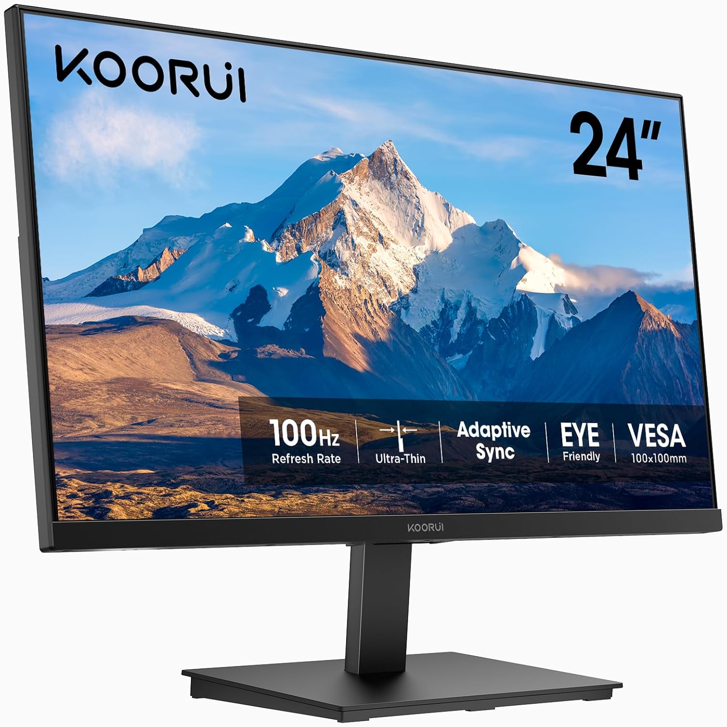 KOORUI E2412F 24 inch Computer Monitor, Full HD 1920 x 1080, Ultrathin Frameless, 100Hz, Adaptive-Sync, HDMI & VGA Ports, VESA Mountable 100x100mm, Tilt, Black