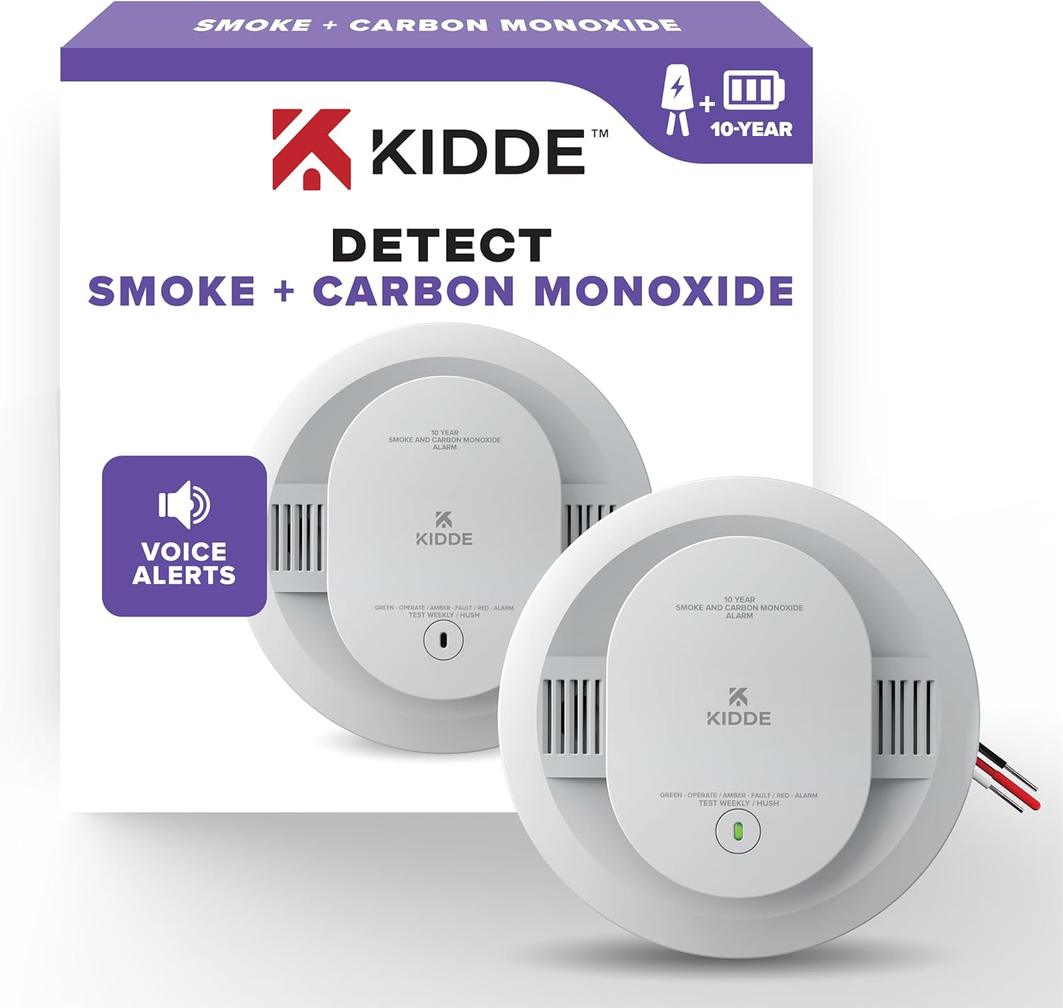 Kidde Hardwired Smoke & Carbon Monoxide Detector, 10-Year Battery Backup, Voice Alerts, Interconnectable LED Warning Light Indicators