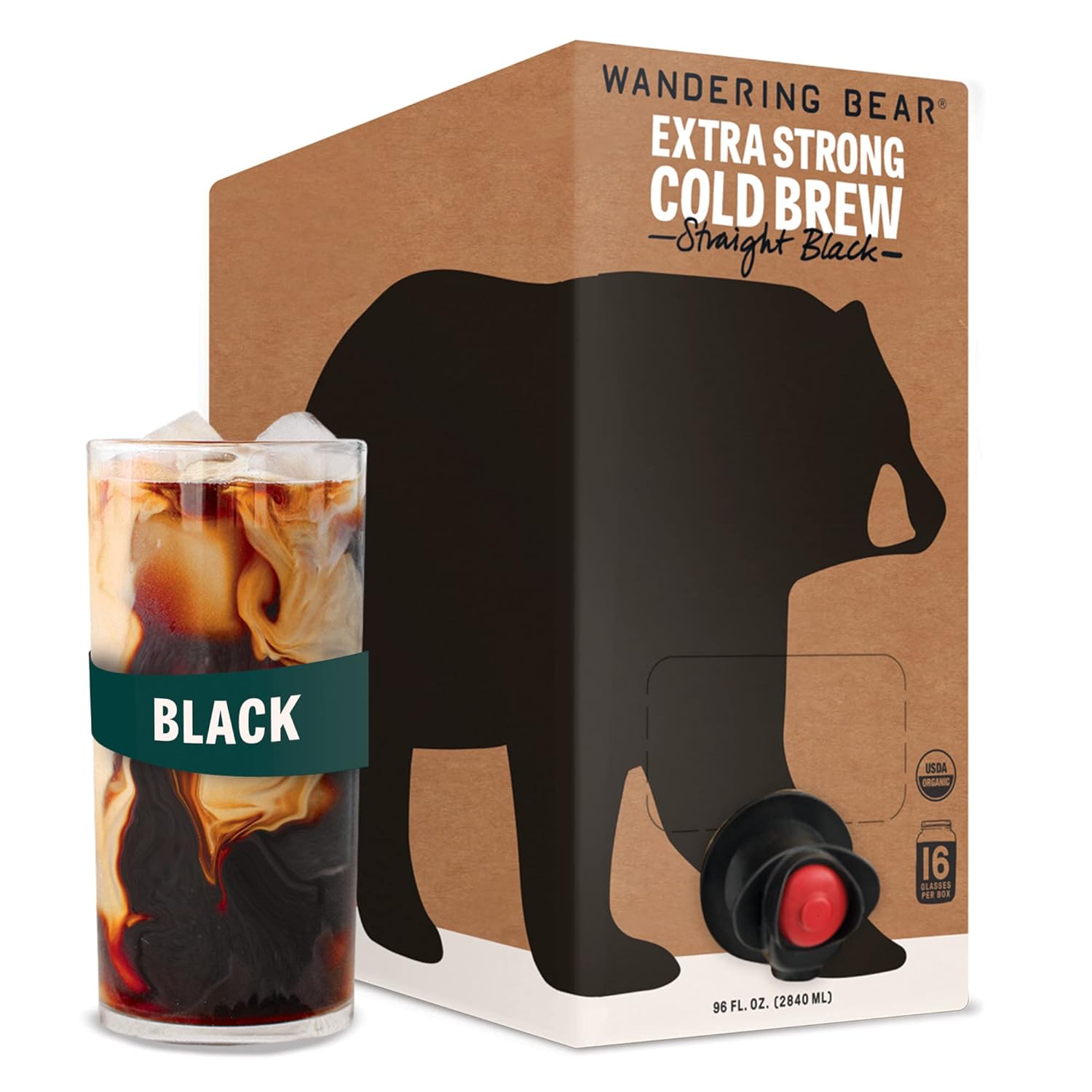 Wandering Bear Straight Black Organic Cold Brew Coffee On Tap, Iced Coffee, 96 fl oz – Extra Strong, Smooth, Unsweetened, Shelf-Stable, Ready to Drink, Cold Brewed Coffee, Cold Coffee