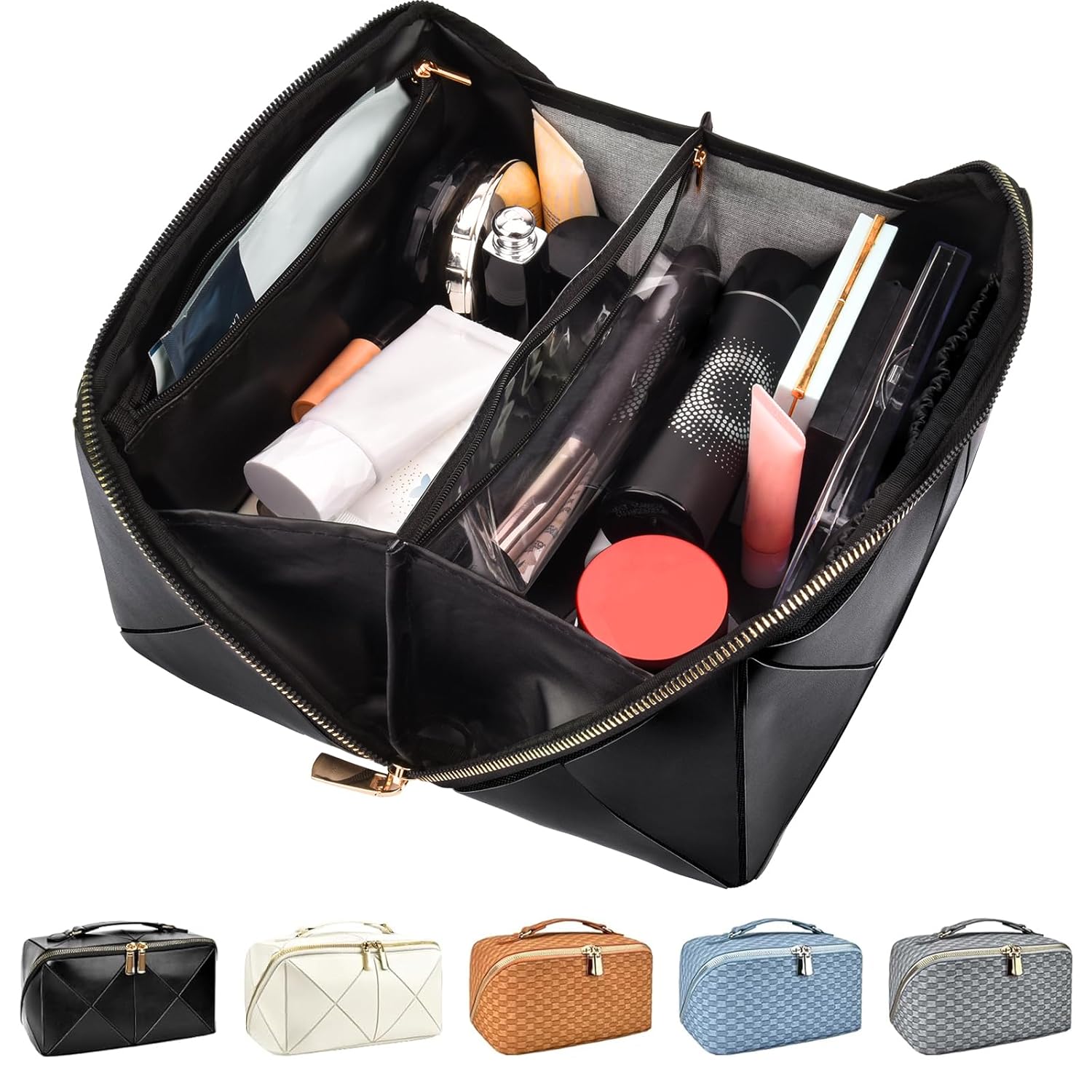 stona Travel Makeup Bag for Women, Large Capacity PU Leather Waterproof Checkered Cosmetic Bags, Portable Pouch Open Flat Toiletry Bag, Make up Organizer with Divider and Handle