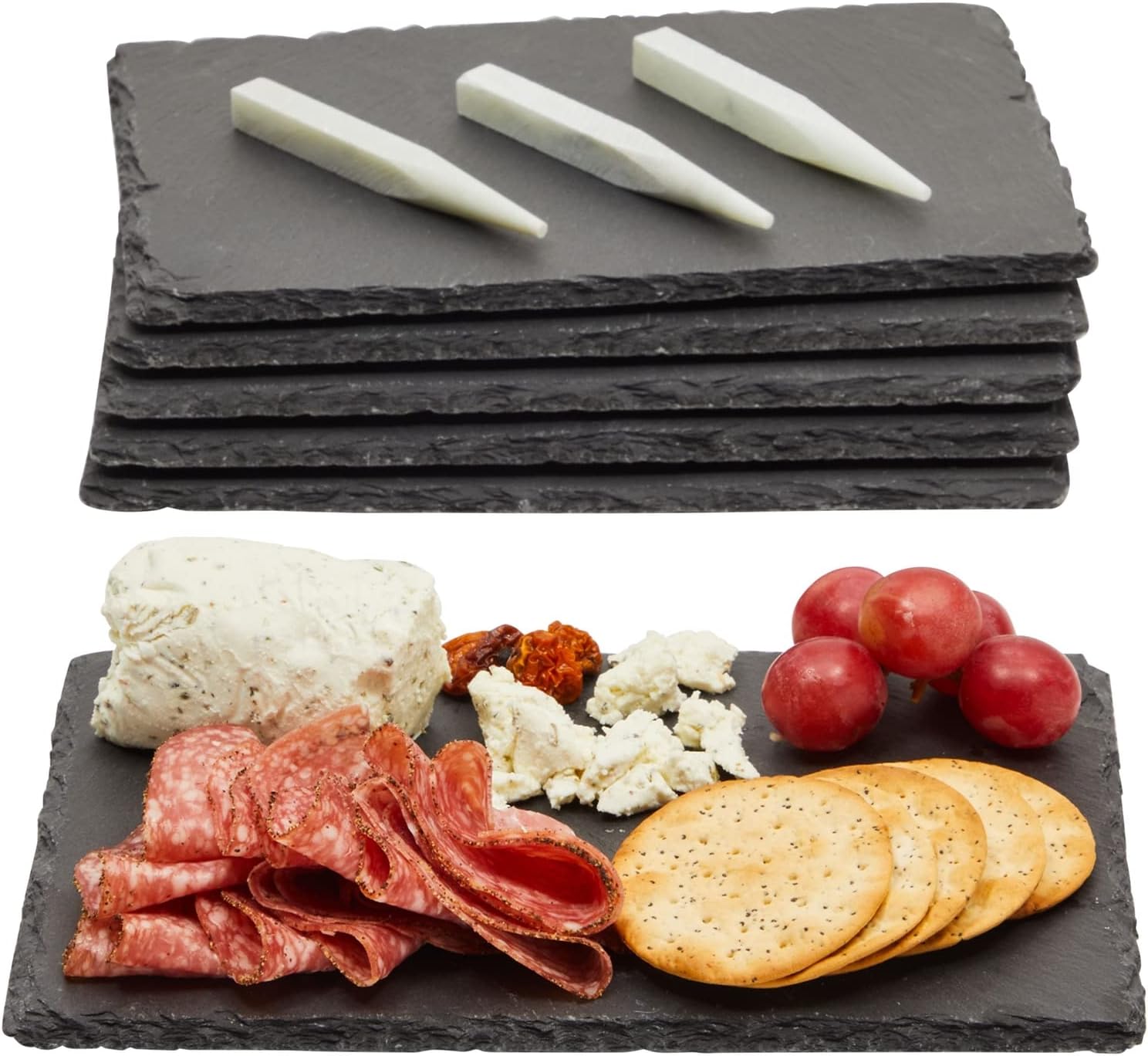 Juvale 6 Pack Mini Slate Charcuterie Boards Set with Chalk – Individual Stone Serving Plates for Cheese, Sushi, Food (6×8.7 in)