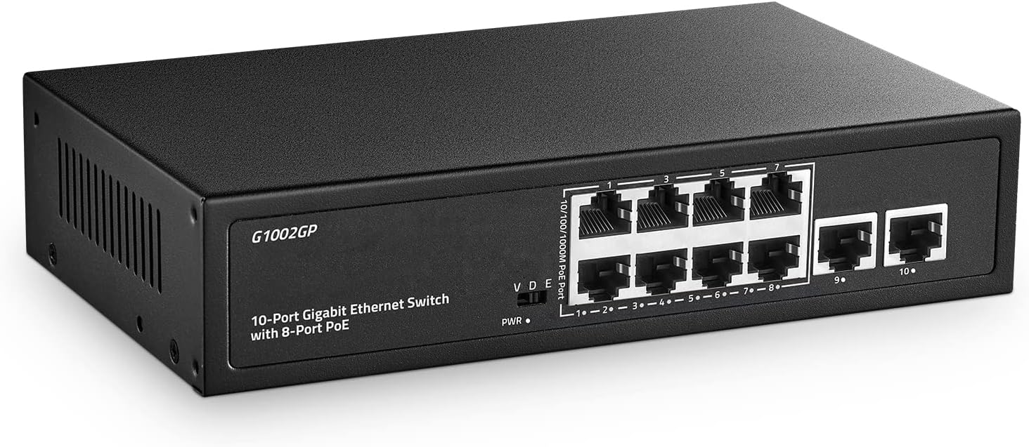 YuLinca 10 Port Gigabit PoE Switch, 8 Port Gigabit PoE+ and 2 Gigabit Uplink, 10/100/1000Mbps, IEEE802.3af/at Max 120W, Metal Fanless Unmanaged Plug&Play Ethernet Switch